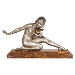 French Art Deco Silvered Bronze Sculpture “Woman w/ Bird” by Armand Godard
