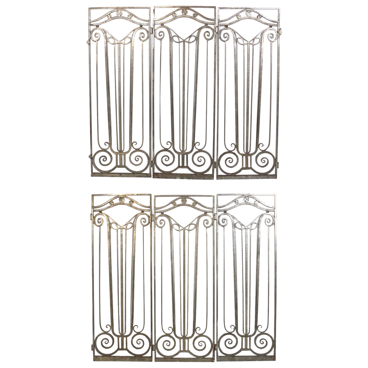 French Art Deco Silvered Iron Gates circa 1930s Six Total 70" x 26" each approx
