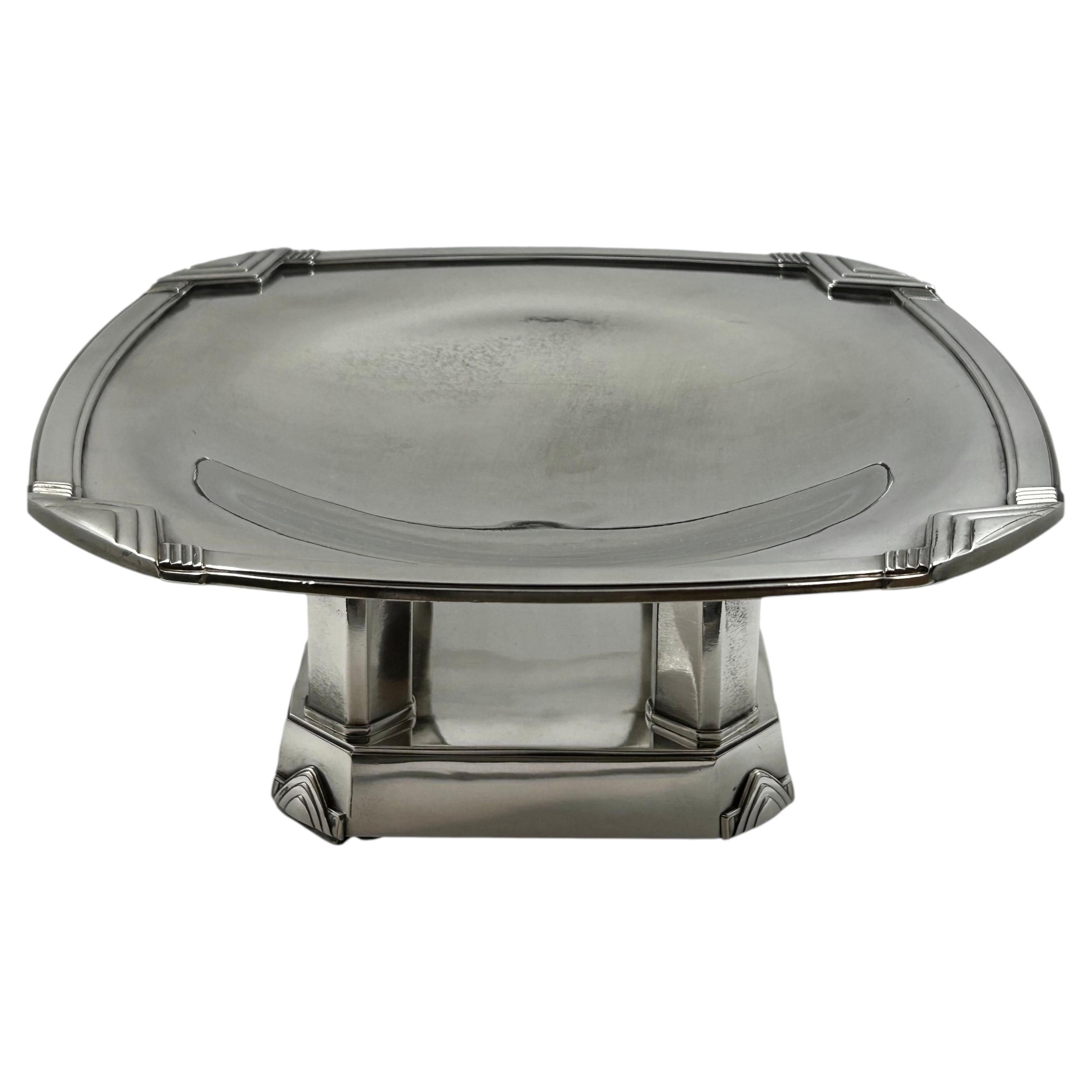French Art Deco Silvered Metal Pedestal Centerpiece Bowl by Puiforcat, 1930 For Sale