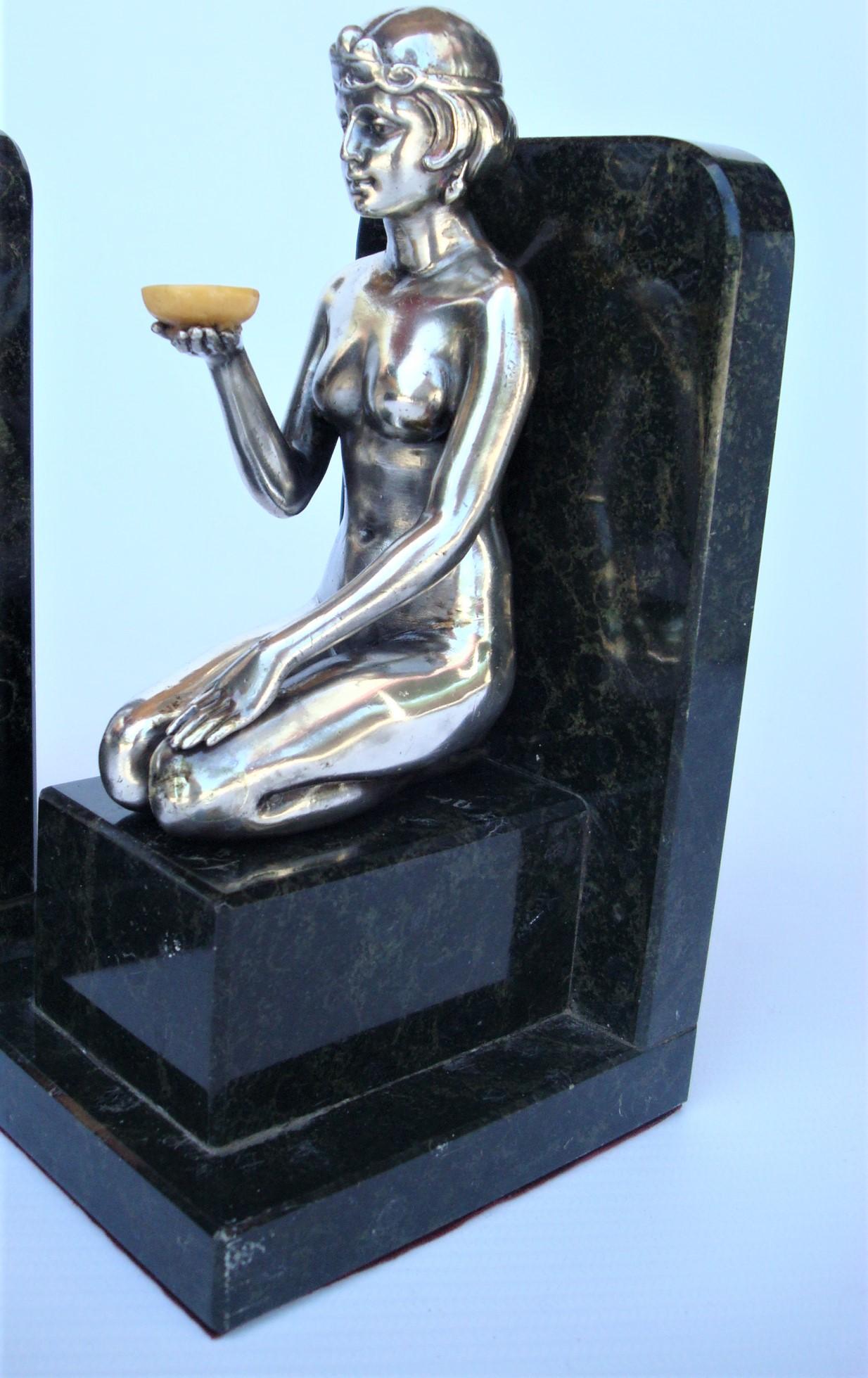 French Art Deco Silvered Nude Women Bookends 2