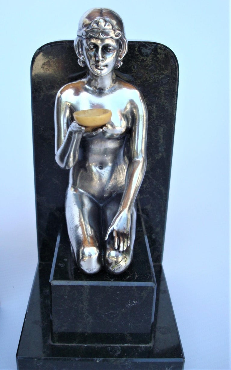 Metal French Art Deco Silvered Nude Women Bookends For Sale