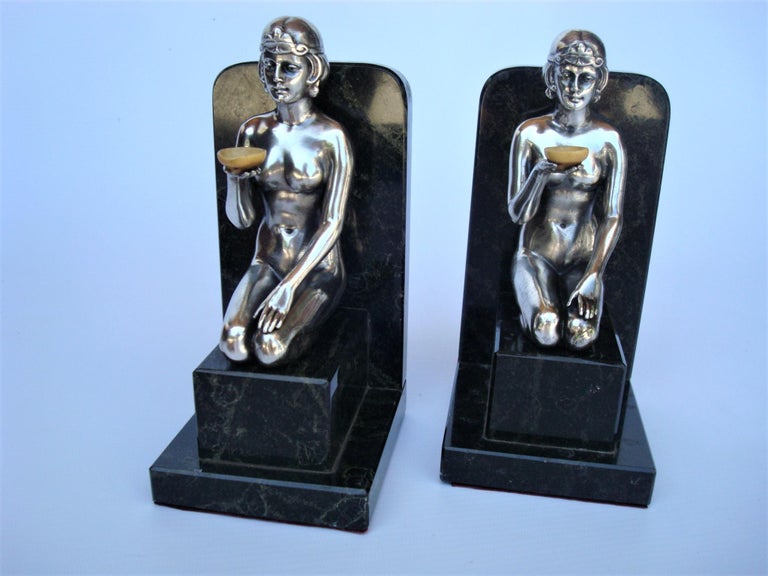 French Art Deco Silvered Nude Women Bookends For Sale 1