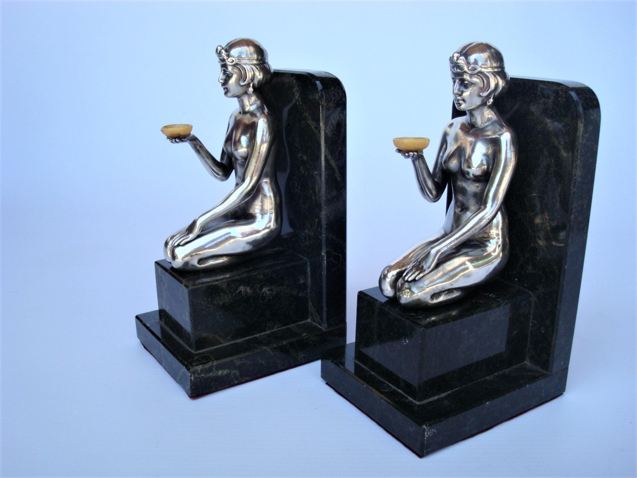 French Art Deco Silvered Nude Women Bookends 1