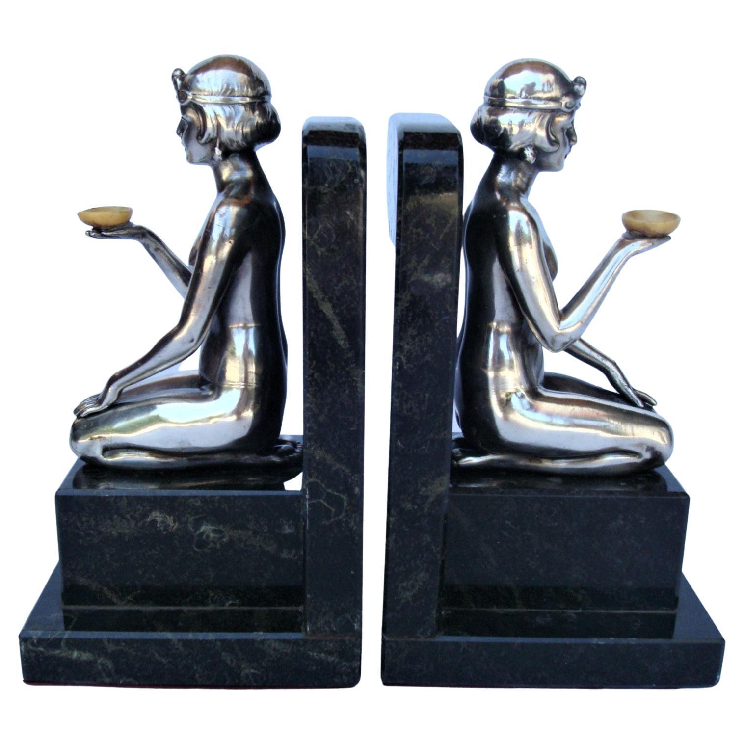 French Art Deco Silvered Nude Women Bookends
