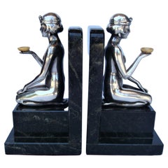 French Art Deco Silvered Nude Women Bookends