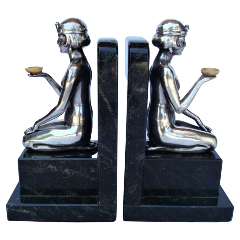 French Art Deco Silvered Nude Women Bookends For Sale