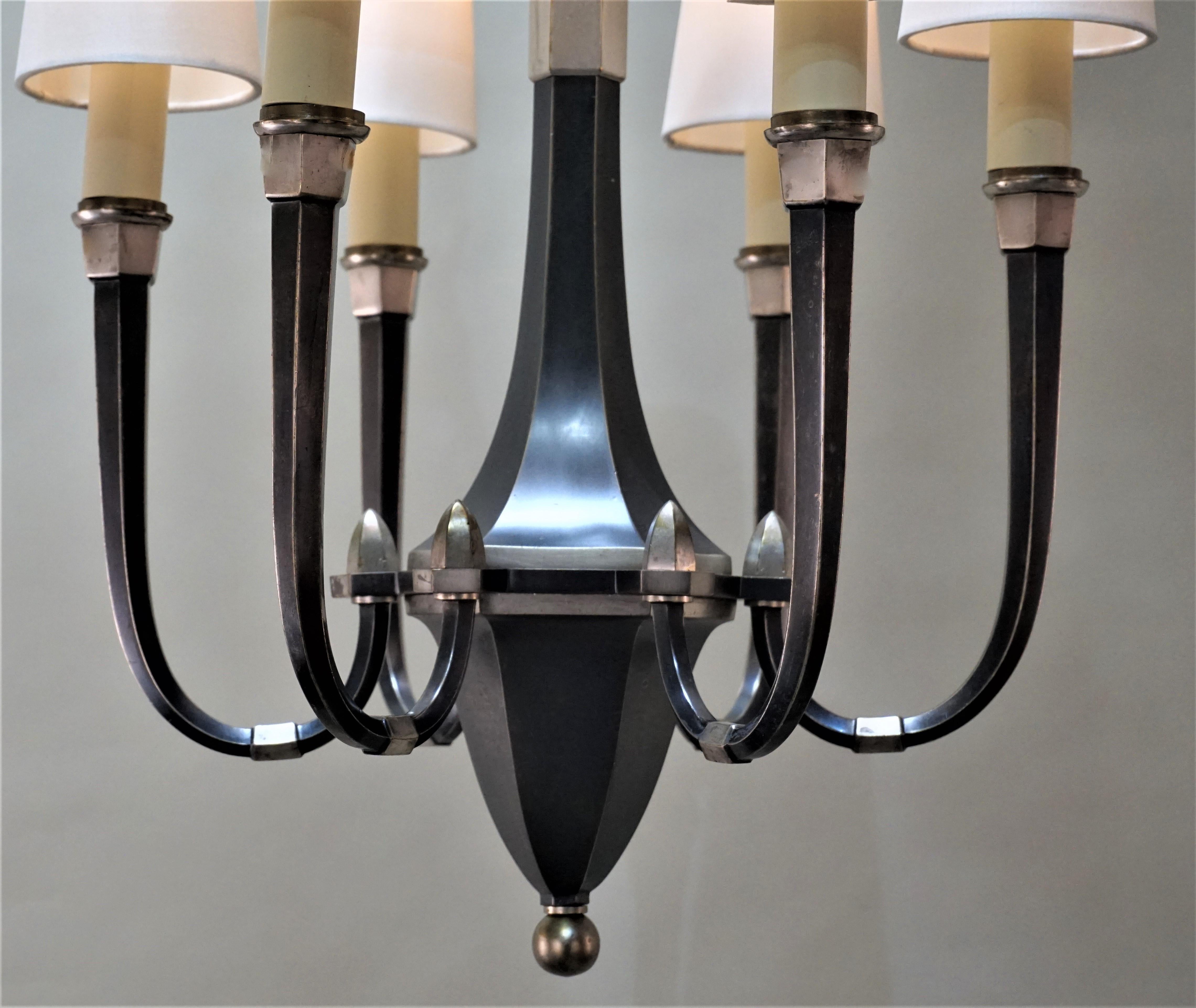 French Art Deco Six-Arm Silver on Bronze Chandelier In Good Condition In Fairfax, VA