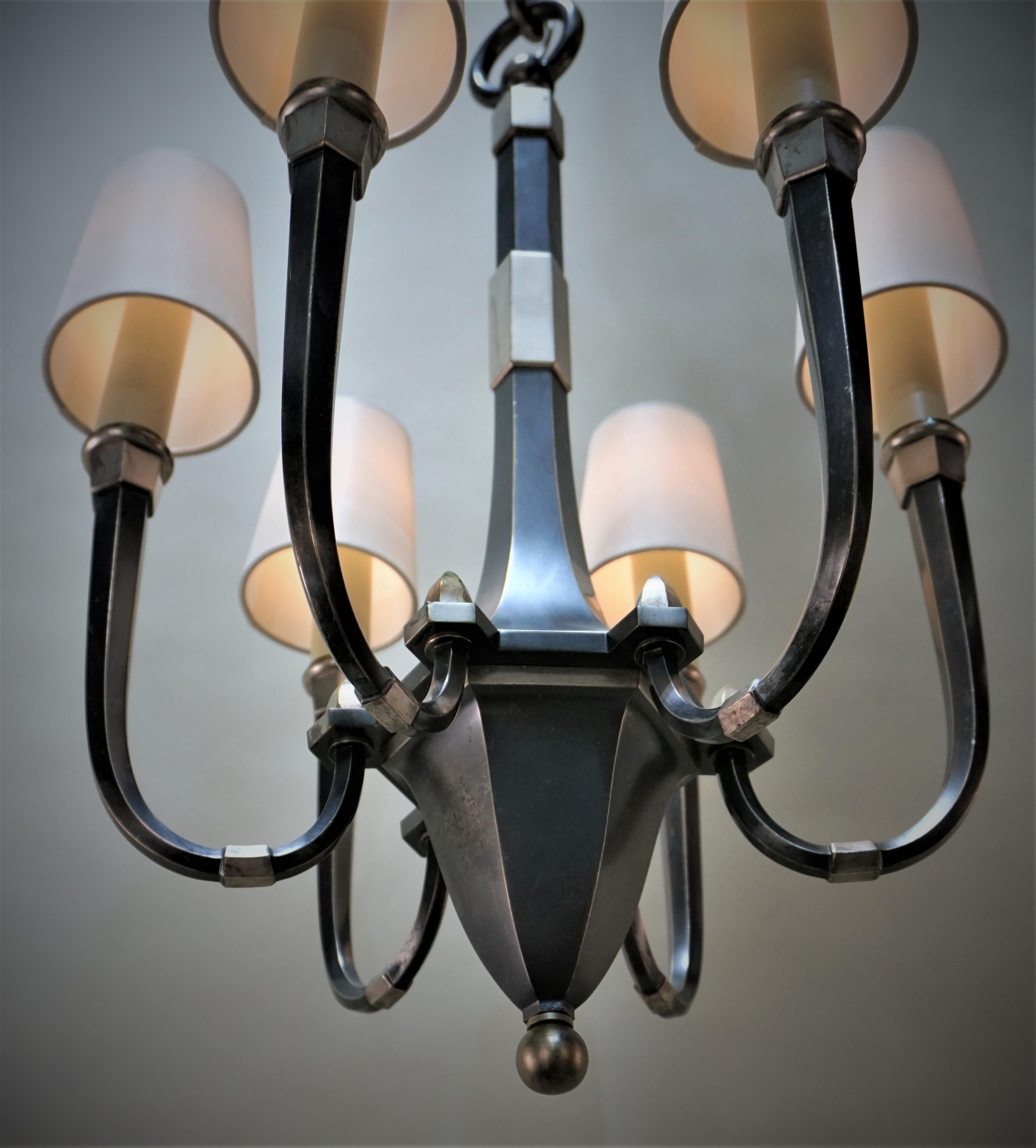 Silver Plate French Art Deco Six-Arm Silver on Bronze Chandelier