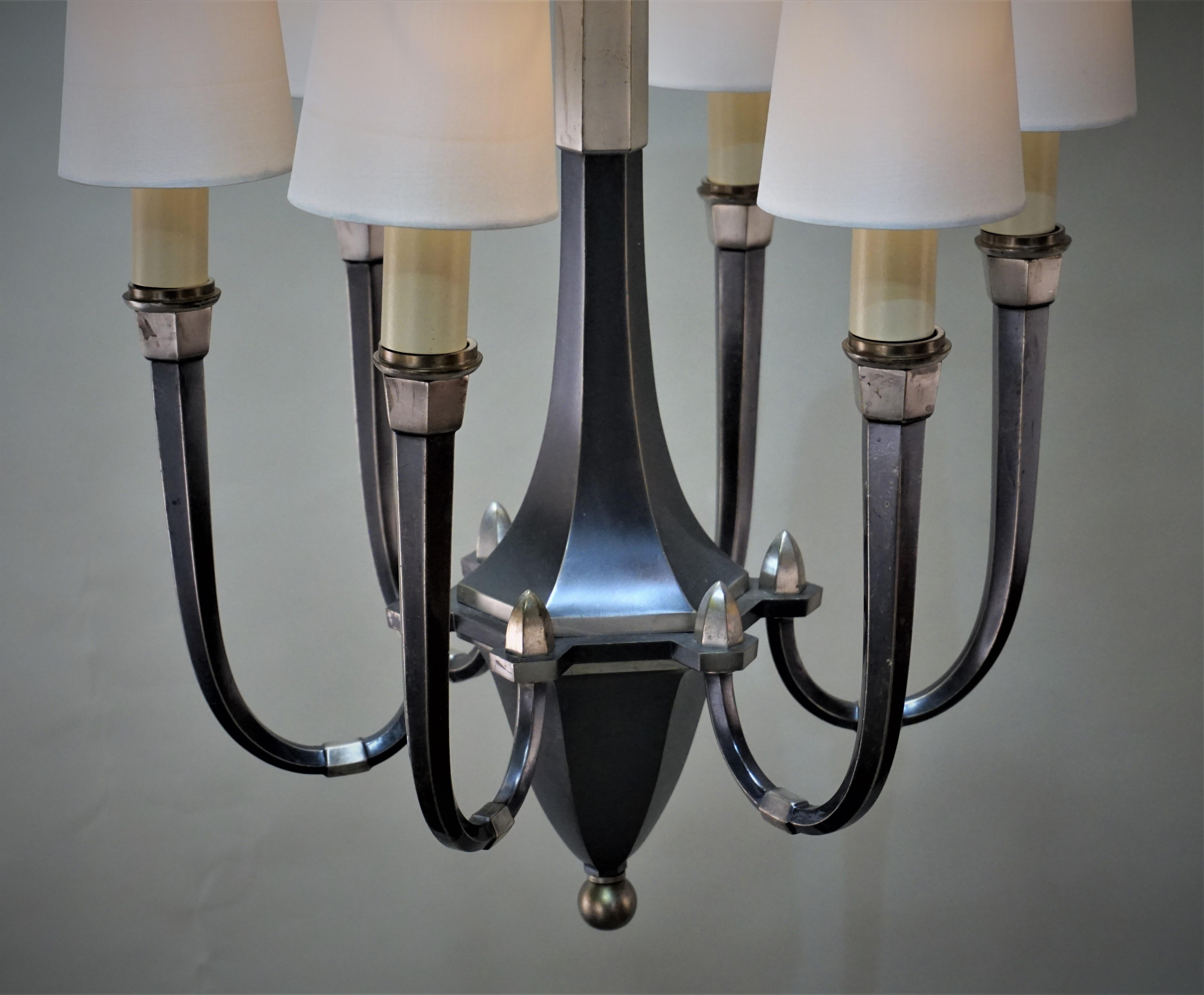 French Art Deco Six-Arm Silver on Bronze Chandelier 2