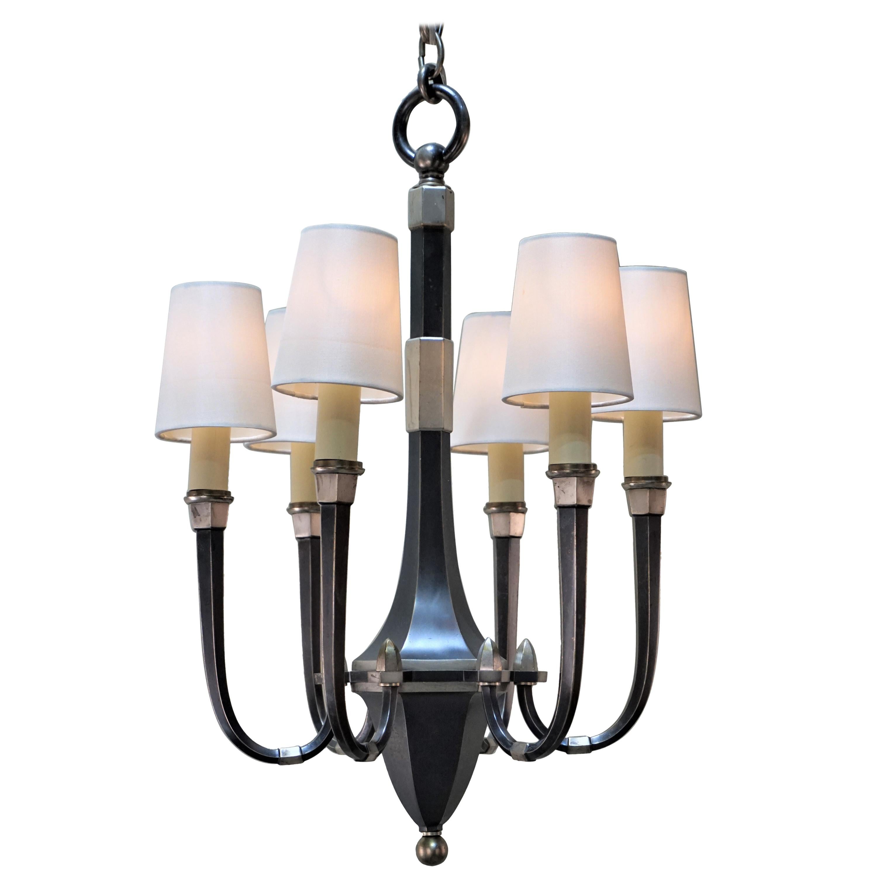 French Art Deco Six-Arm Silver on Bronze Chandelier