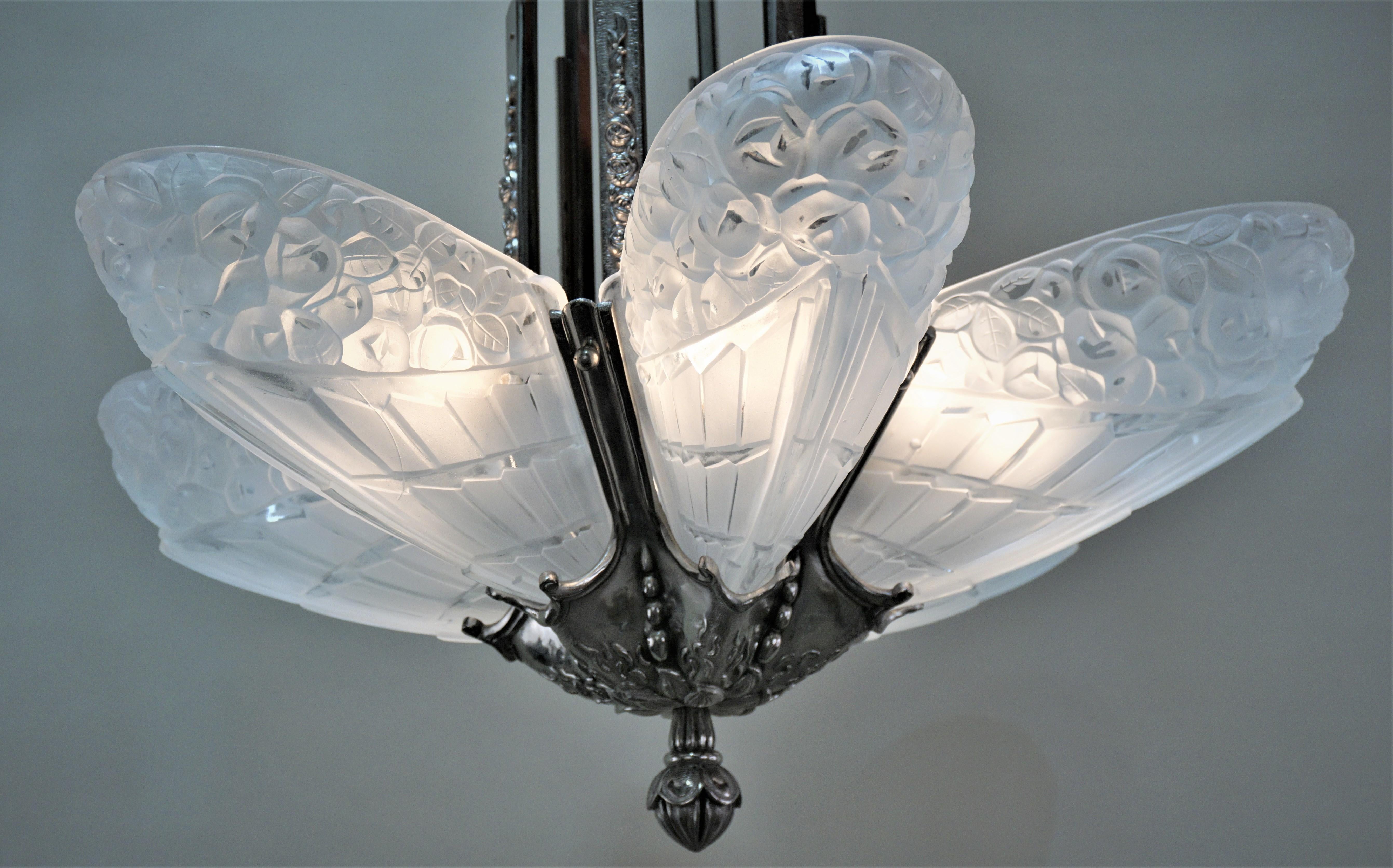 French Art Deco Six-Glass Panel Chandelier by J Robert 1