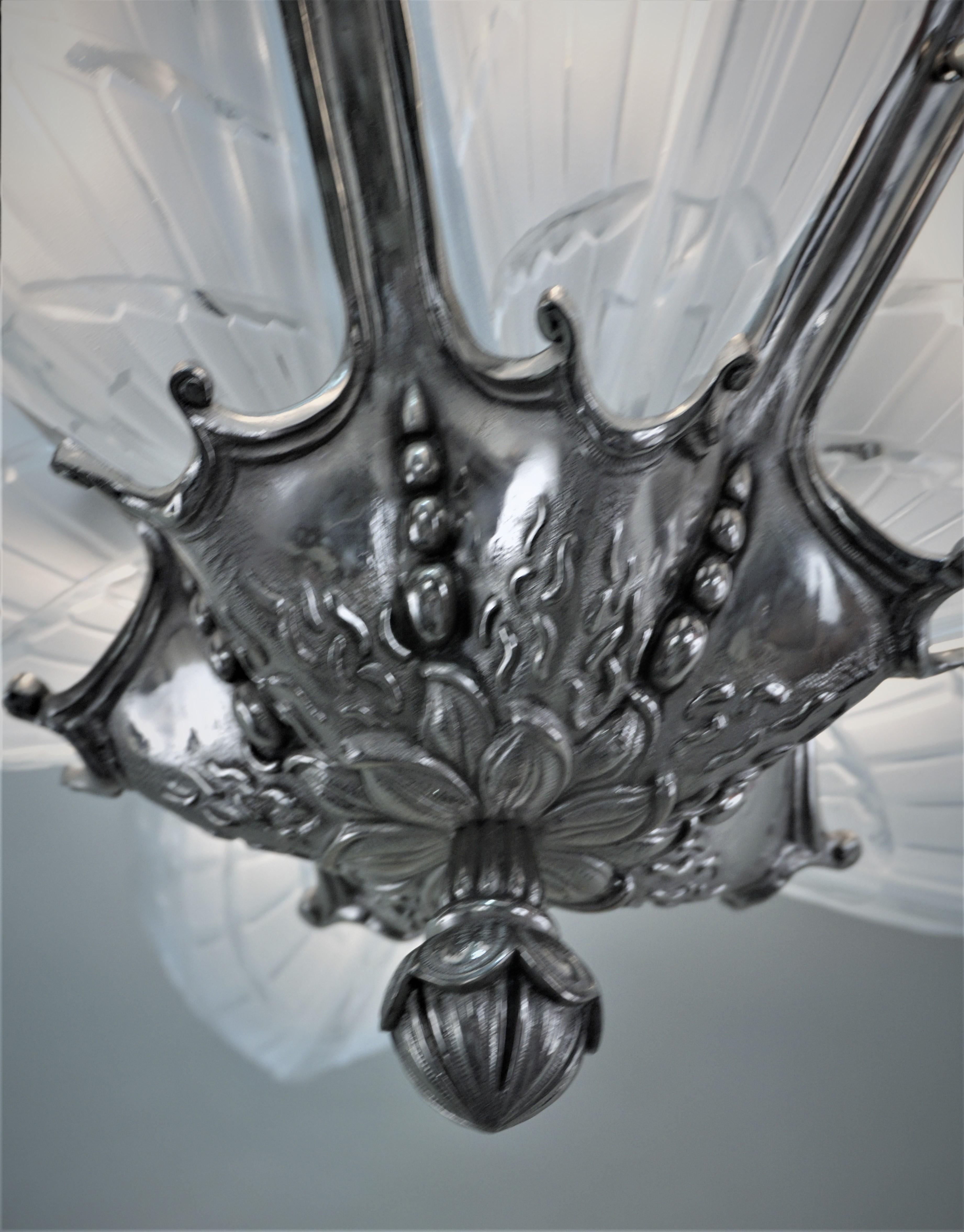 French Art Deco Six-Glass Panel Chandelier by J Robert 5