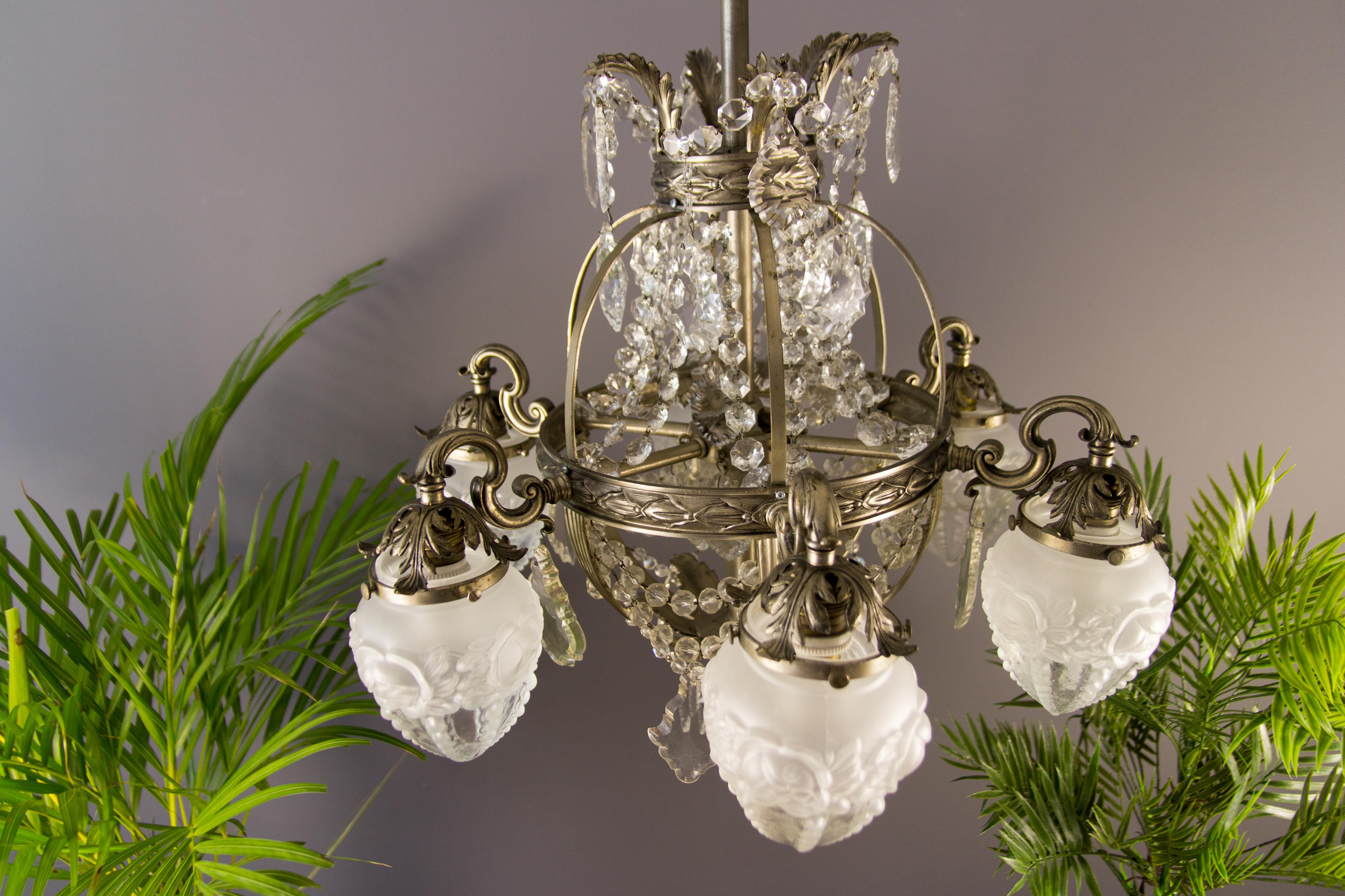 French Art Deco Six-Light Bronze and Crystal Chandelier 8