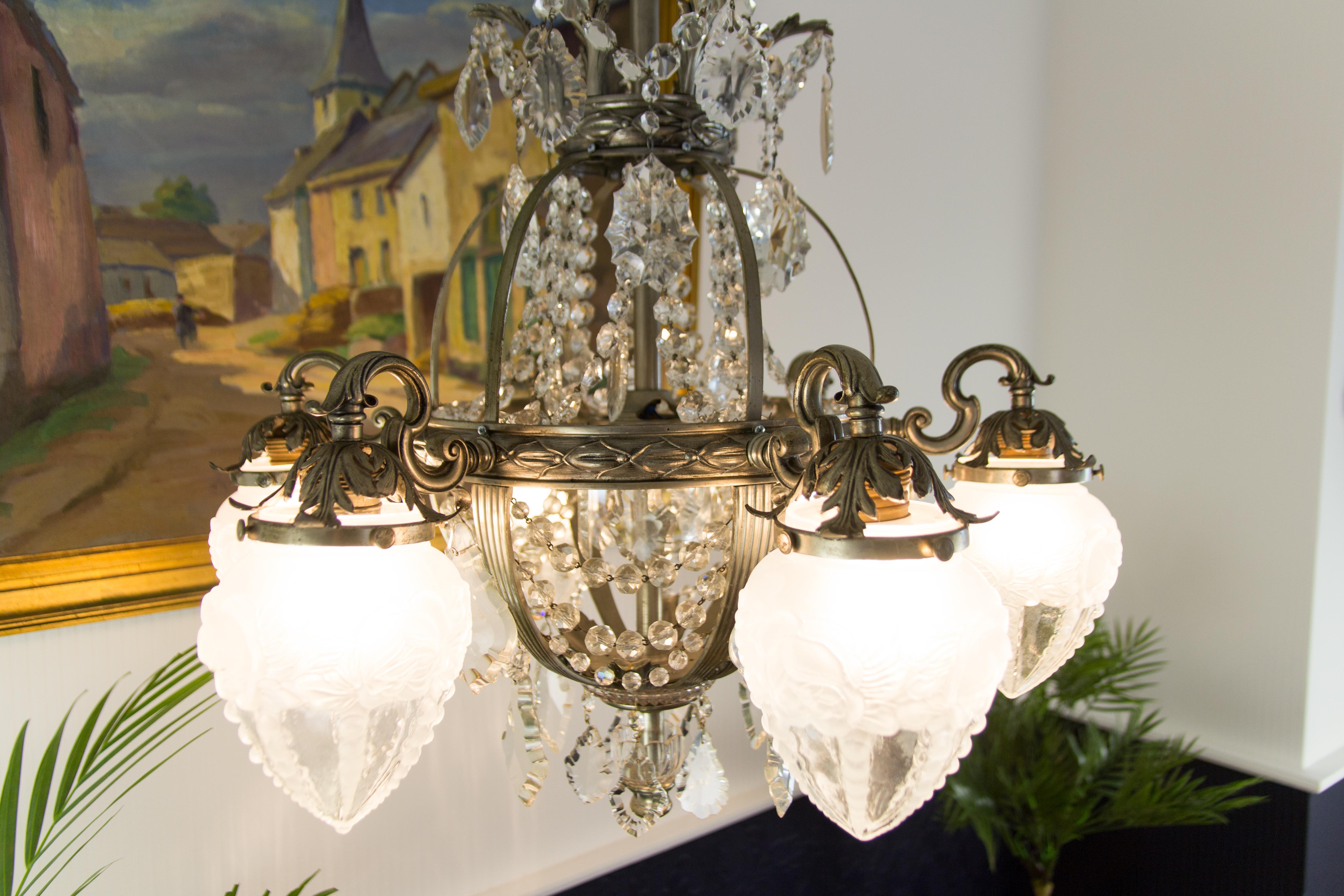 French Art Deco Six-Light Bronze and Crystal Chandelier 13