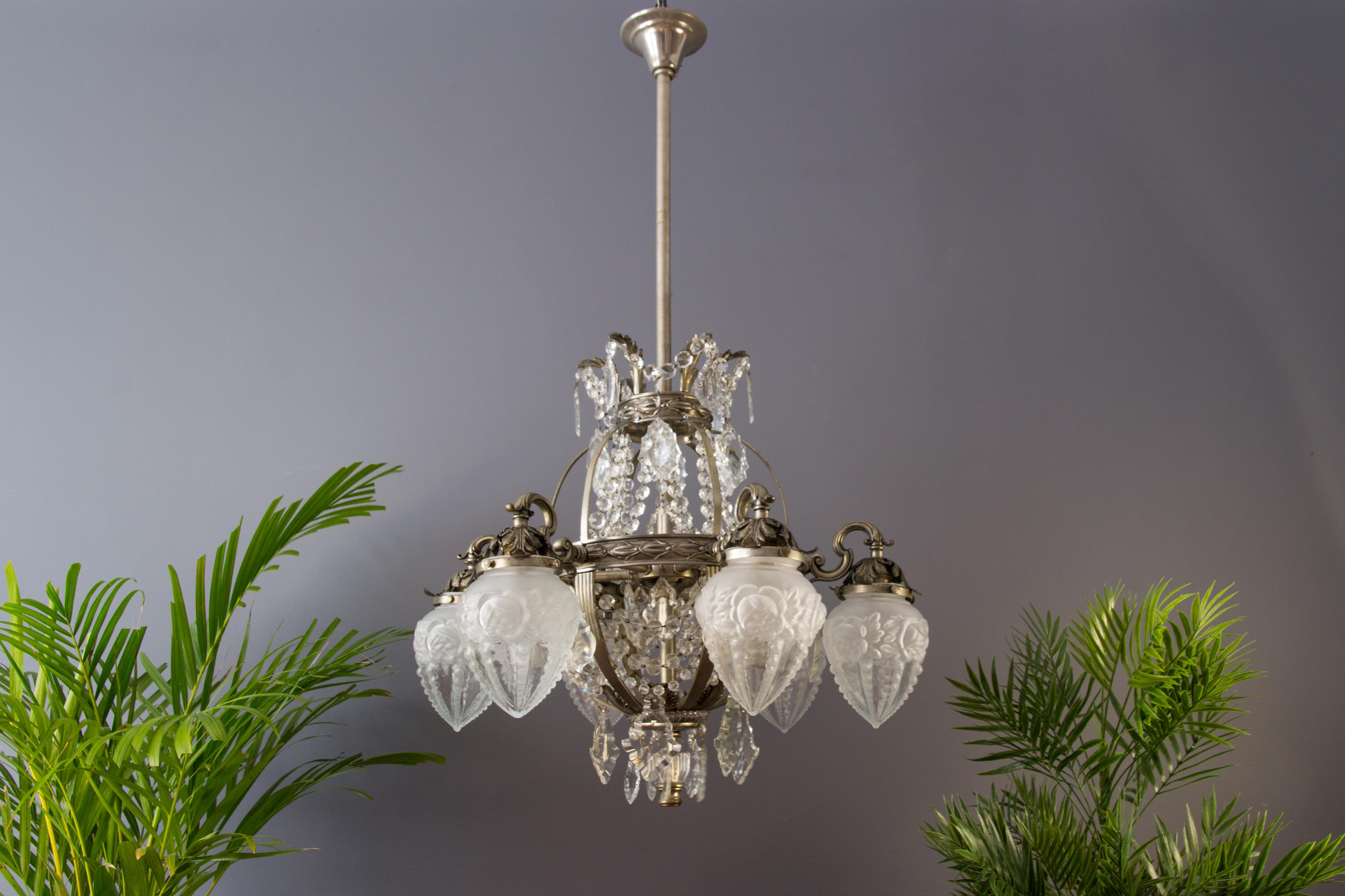 Beaded French Art Deco Six-Light Bronze and Crystal Chandelier