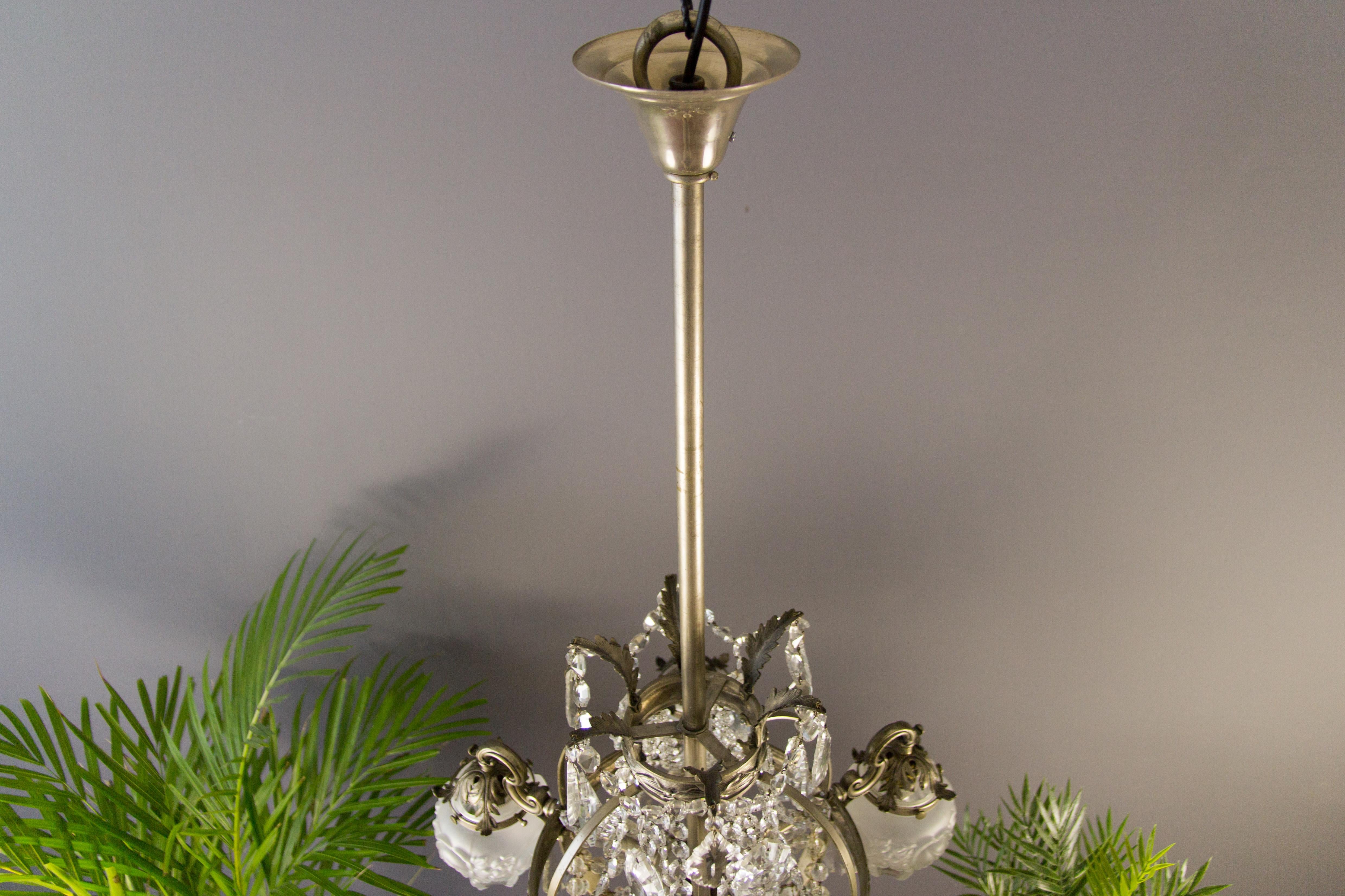 French Art Deco Six-Light Bronze and Crystal Chandelier In Good Condition In Barntrup, DE