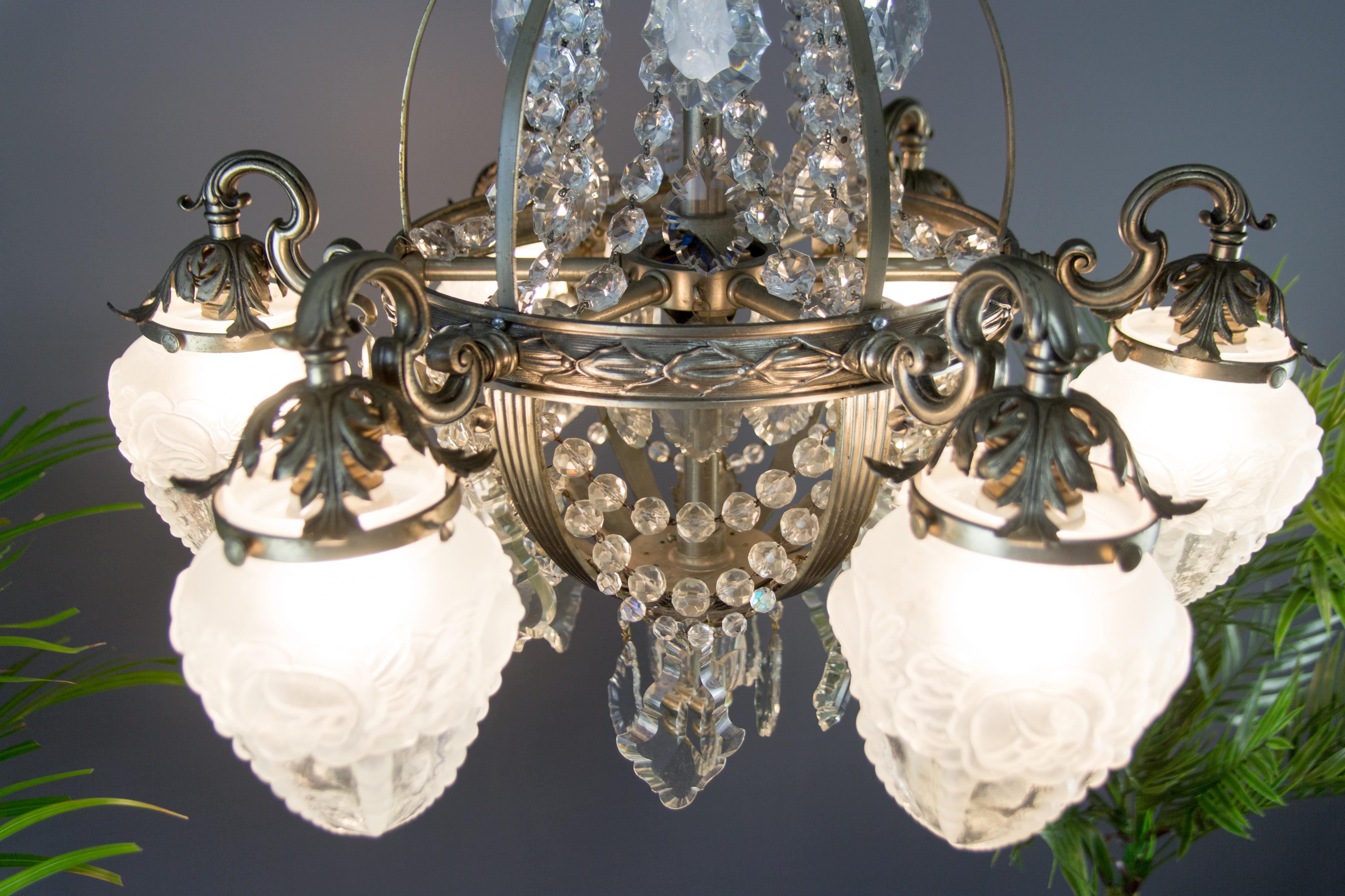 Early 20th Century French Art Deco Six-Light Bronze and Crystal Chandelier