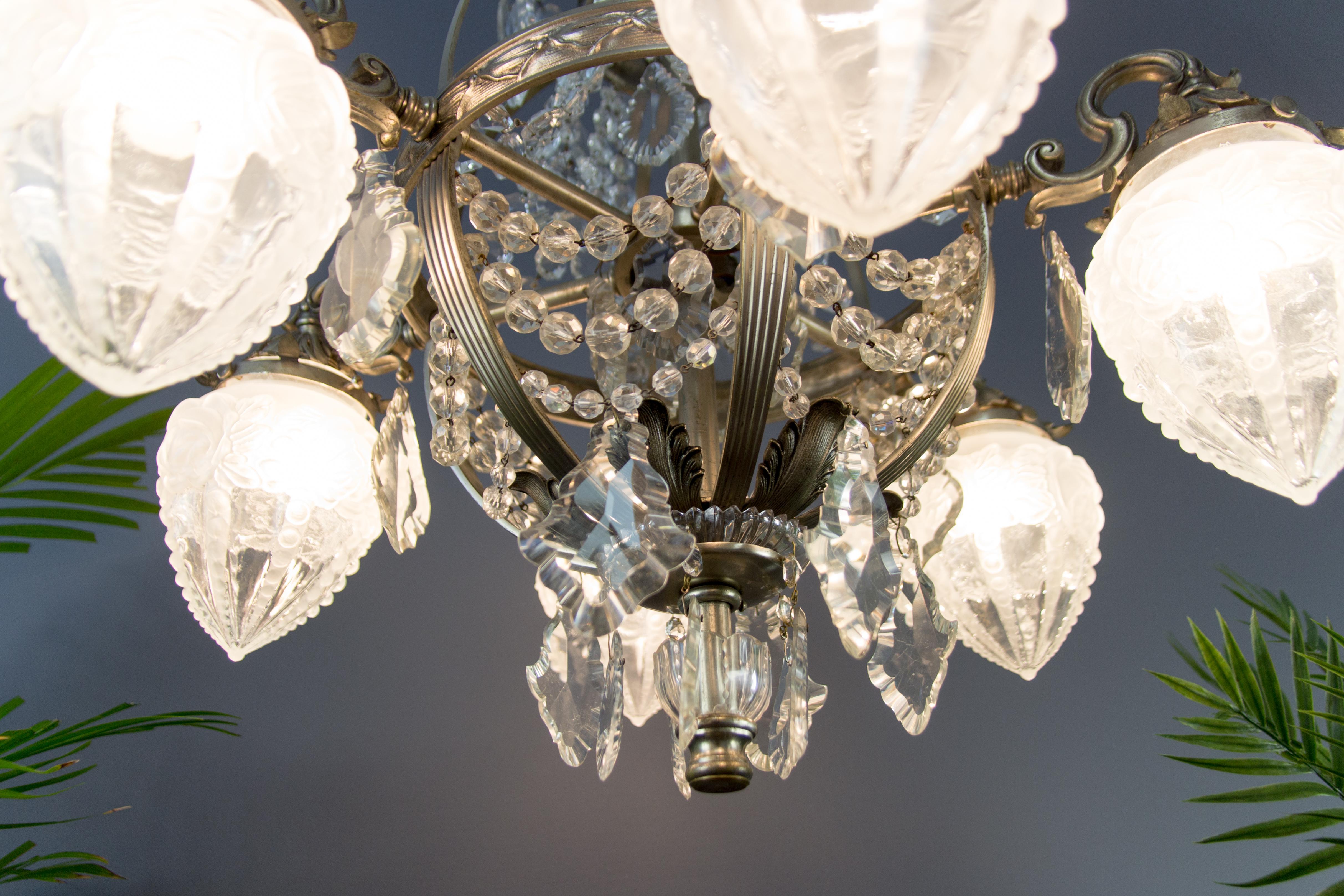 French Art Deco Six-Light Bronze and Crystal Chandelier 2
