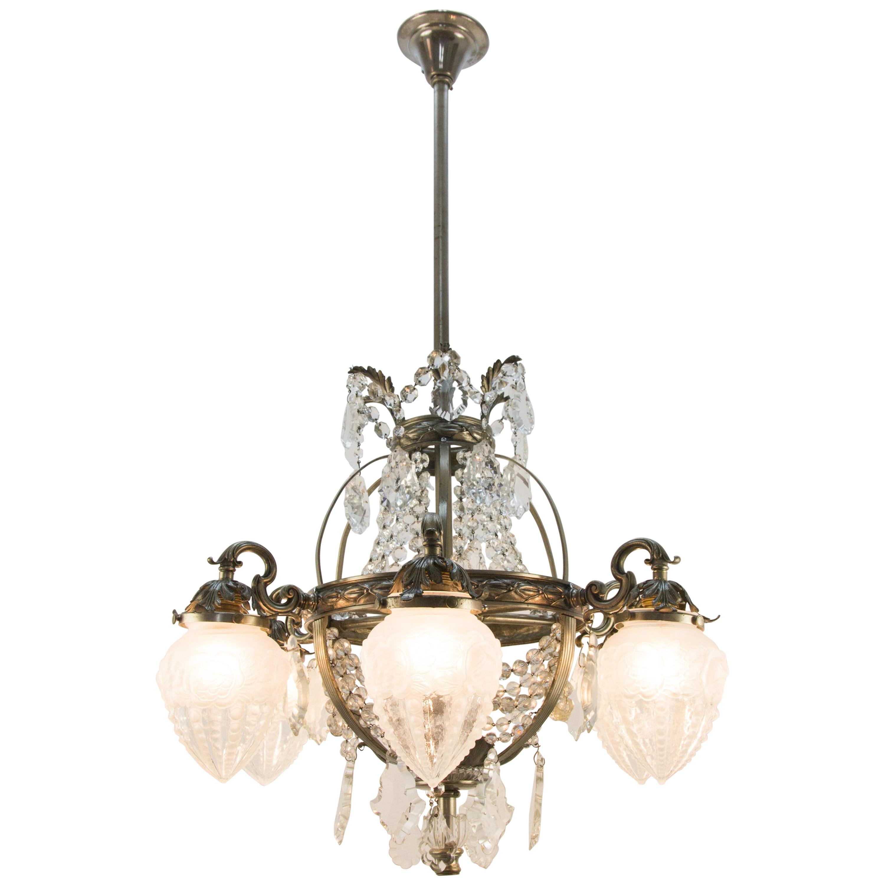 French Art Deco Six-Light Bronze and Crystal Chandelier