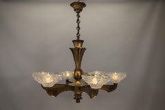 French Art Deco Six-Light Bronze & Frosted Glass Chandelier, 1930s