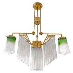 French Art Deco Skyscraper Chandelier in Green Glass, Straws & Gilt Brass C1920