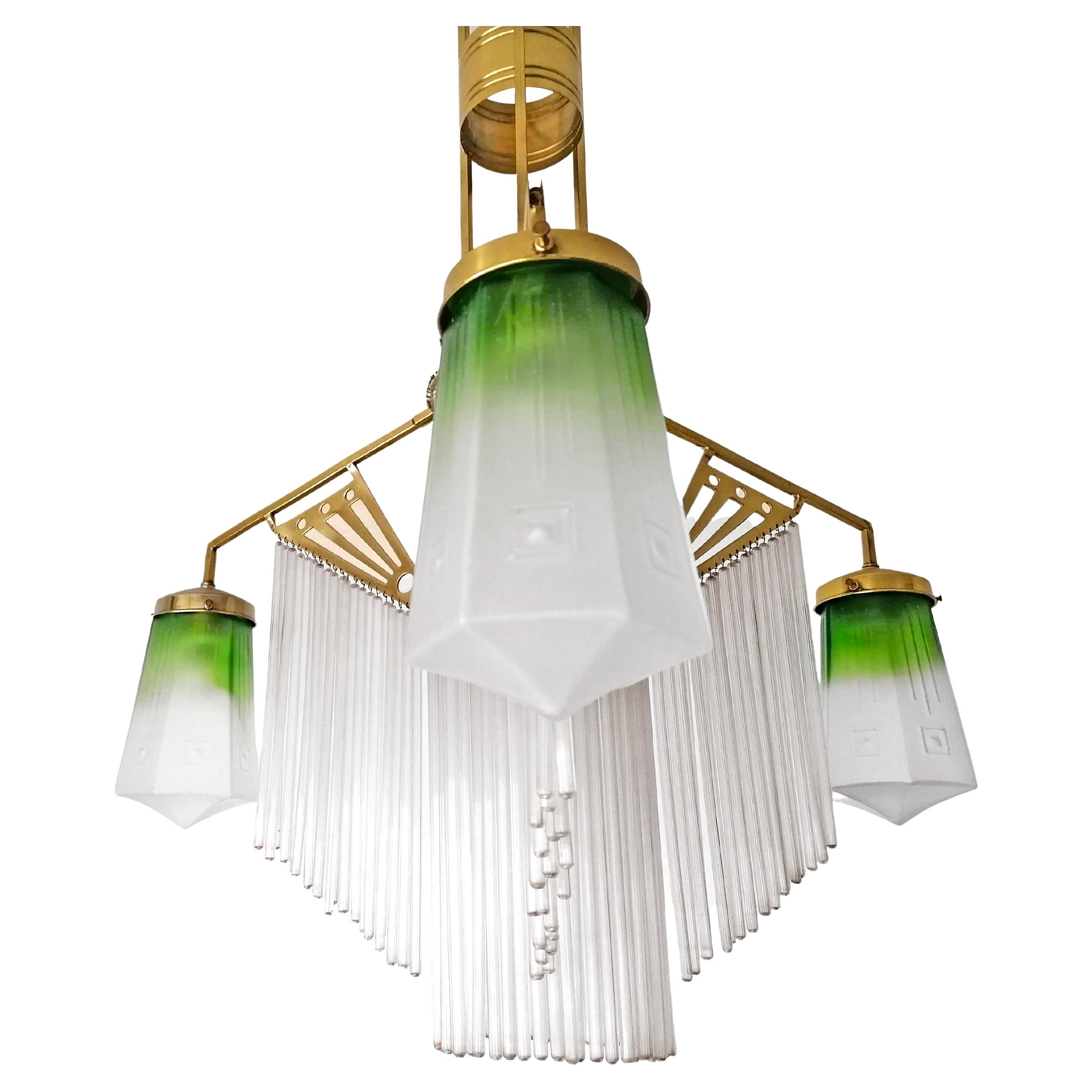 Art Nouveau French Art Deco Skyscraper Chandelier in Green Glass, Straws & Gilt Brass C1920 For Sale