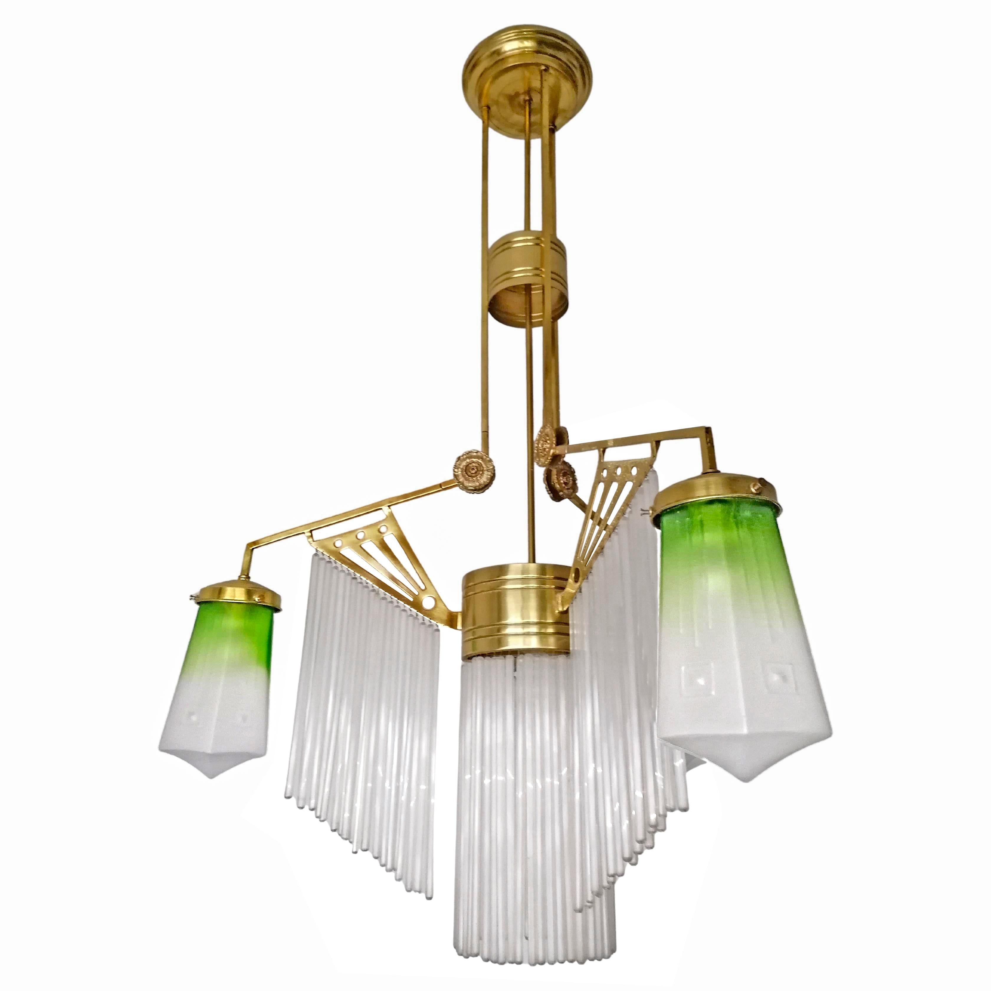 Frosted French Art Deco Skyscraper Chandelier in Green Glass, Straws & Gilt Brass C1920 For Sale