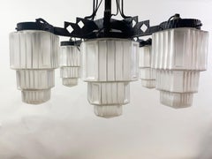 French Art Deco Skyscraper Chandelier in Wrought Iron and Glass, Circa 1920's