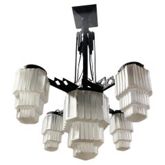 French Art Deco Skyscraper Chandelier in Wrought Iron and Glass, Circa 1920's
