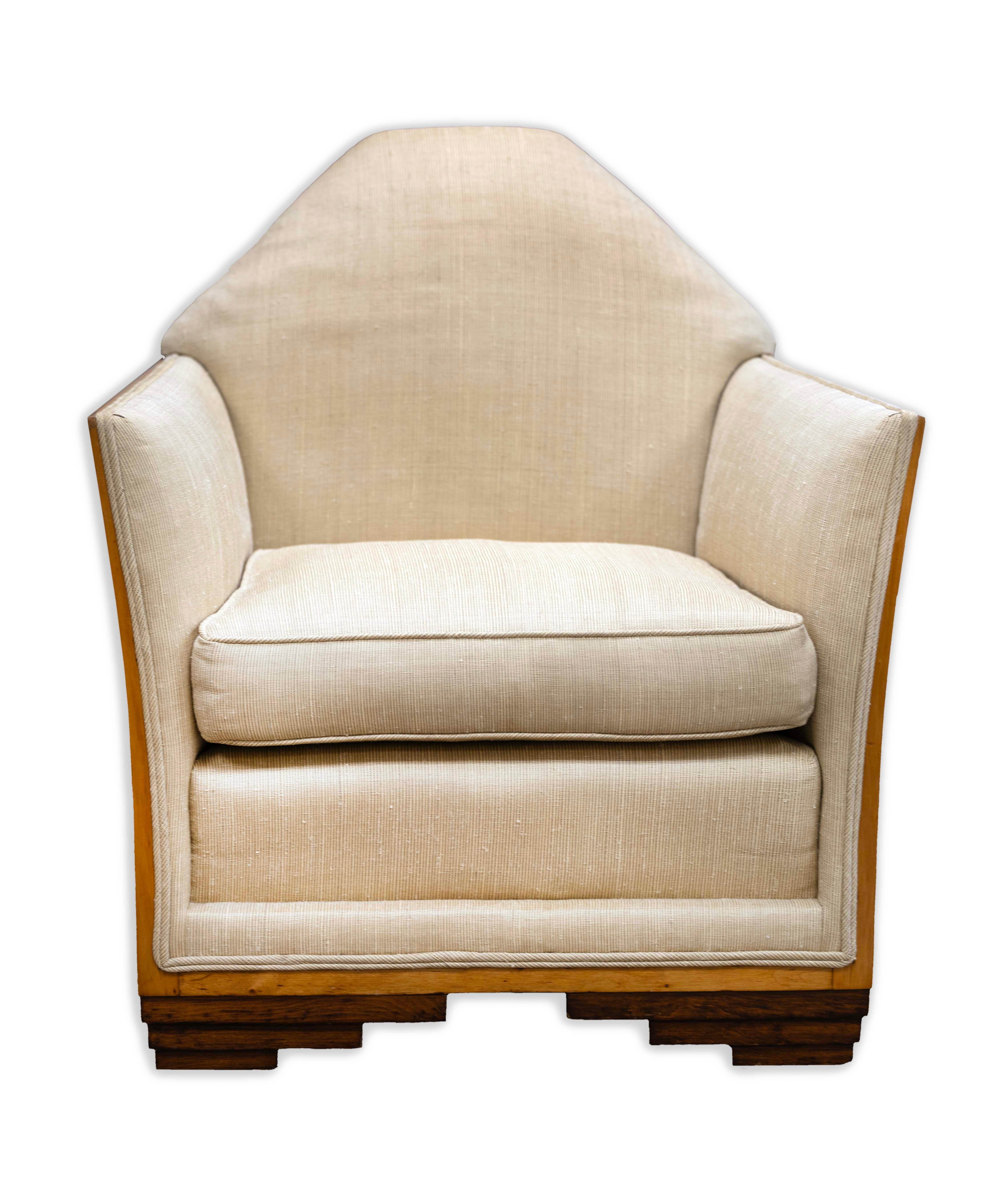 A French Art Deco Skyscraper Style Geometric Design Arm Chair. This lovely chair is perfect for any lover of everything French and Art Deco. The gorgeous geometric wooden pattern along the sides and deco style feet truly embody the true meaning of