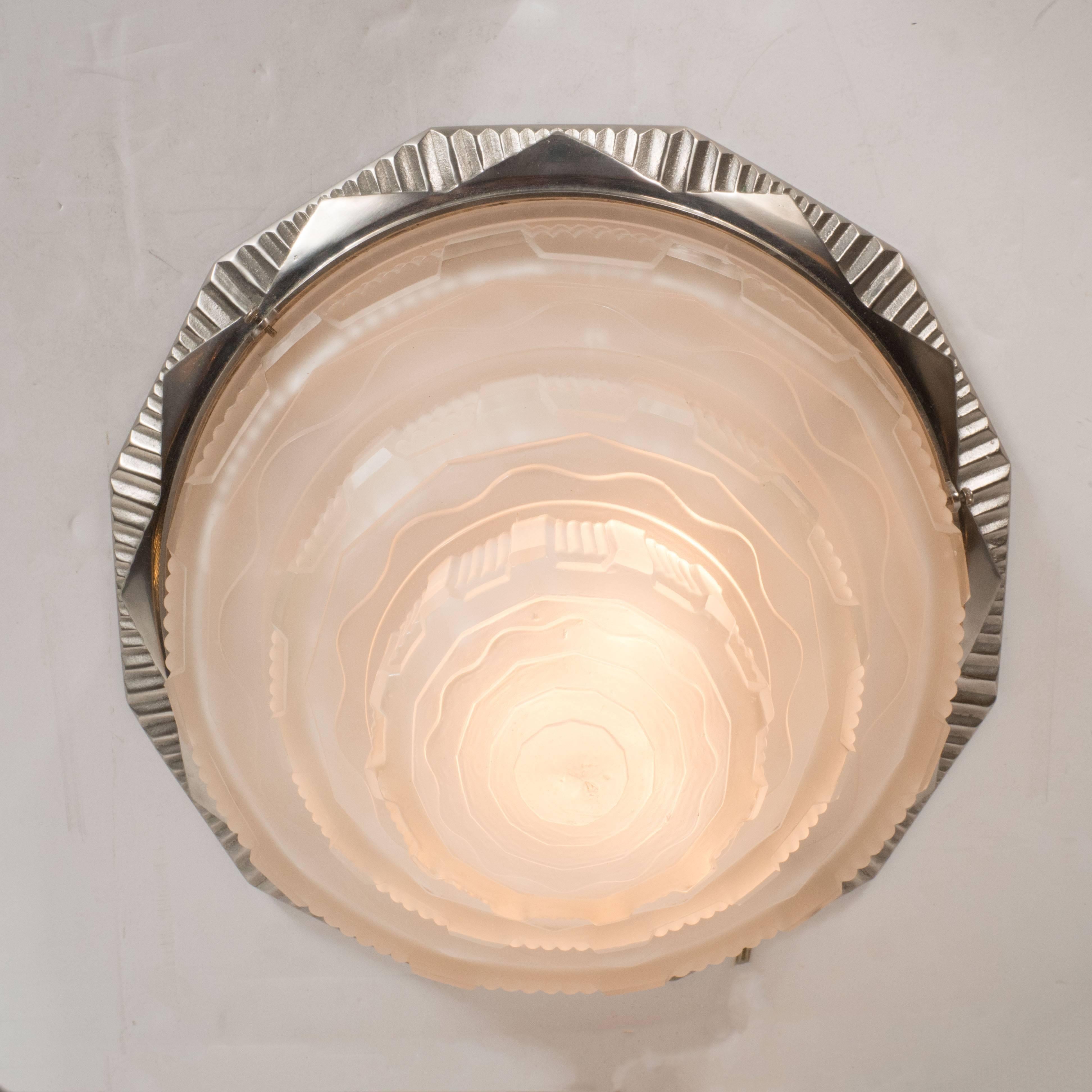 Mid-20th Century French Art Deco Skyscraper Style Nickel & Glass Flush Mount by Gênet et Michon