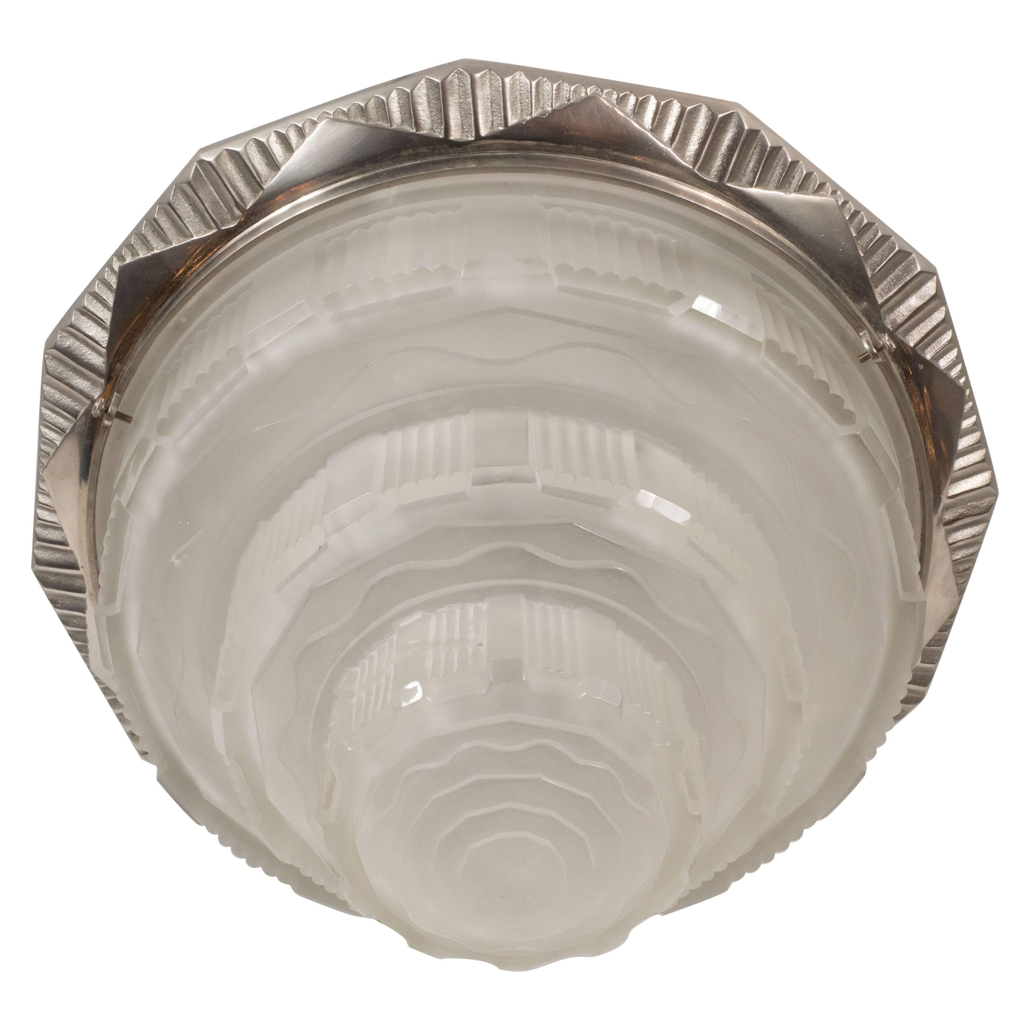 French Art Deco Skyscraper Style Nickel & Glass Flush Mount by Gênet et Michon