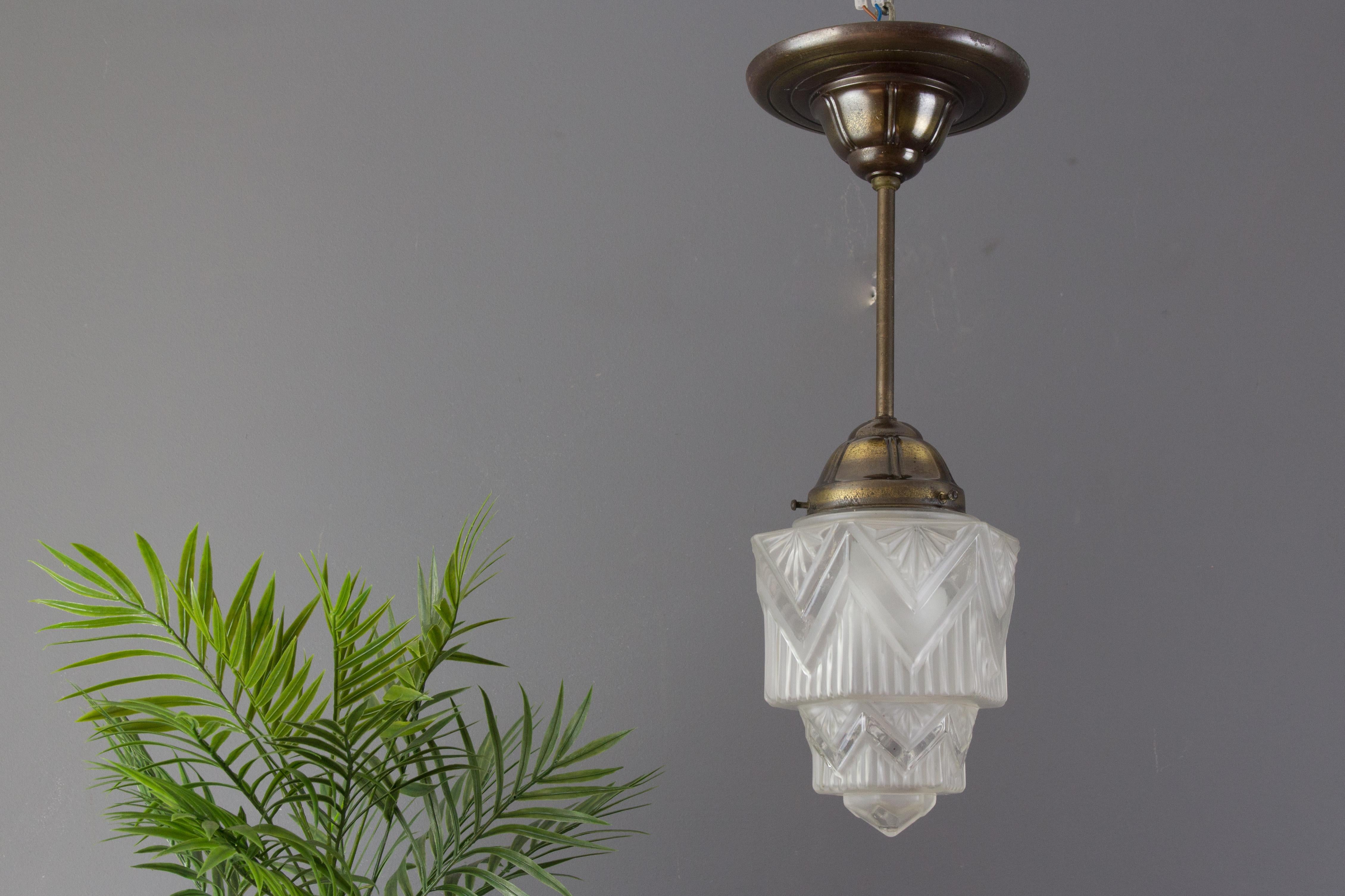 Early 20th Century French Art Deco Skyscraper White Frosted Glass Pendant Light