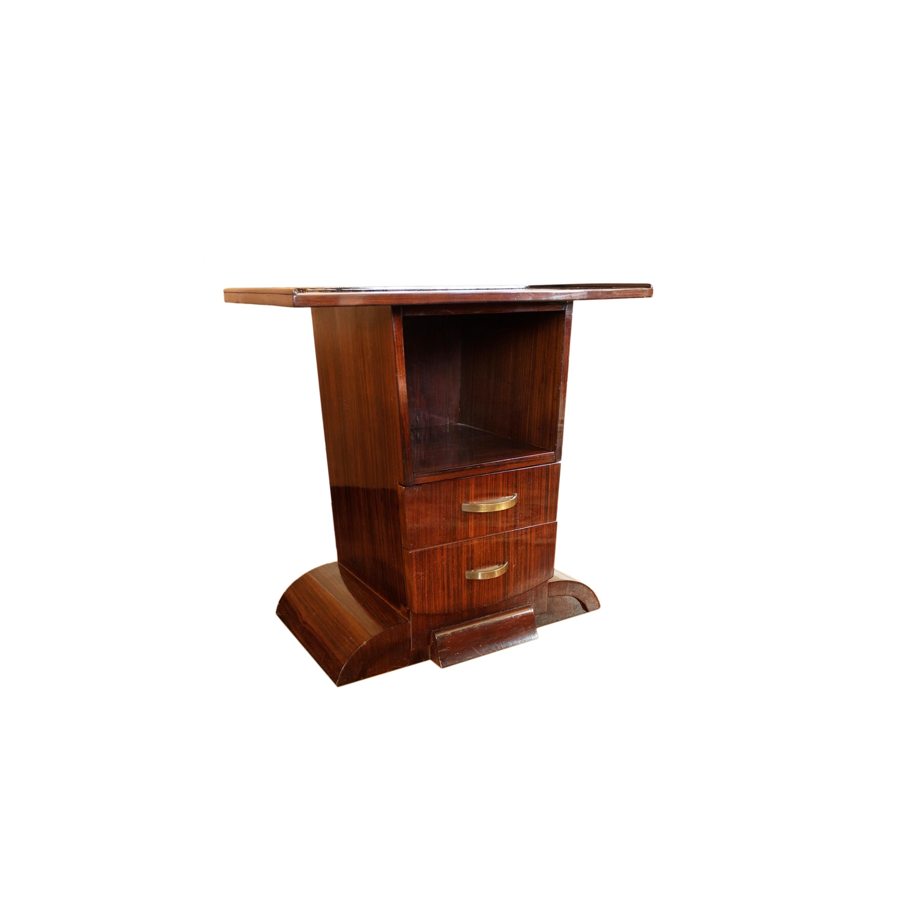 A short walnut nightstand or sofa side table, veneer finished with two drawers with a lower open space. 