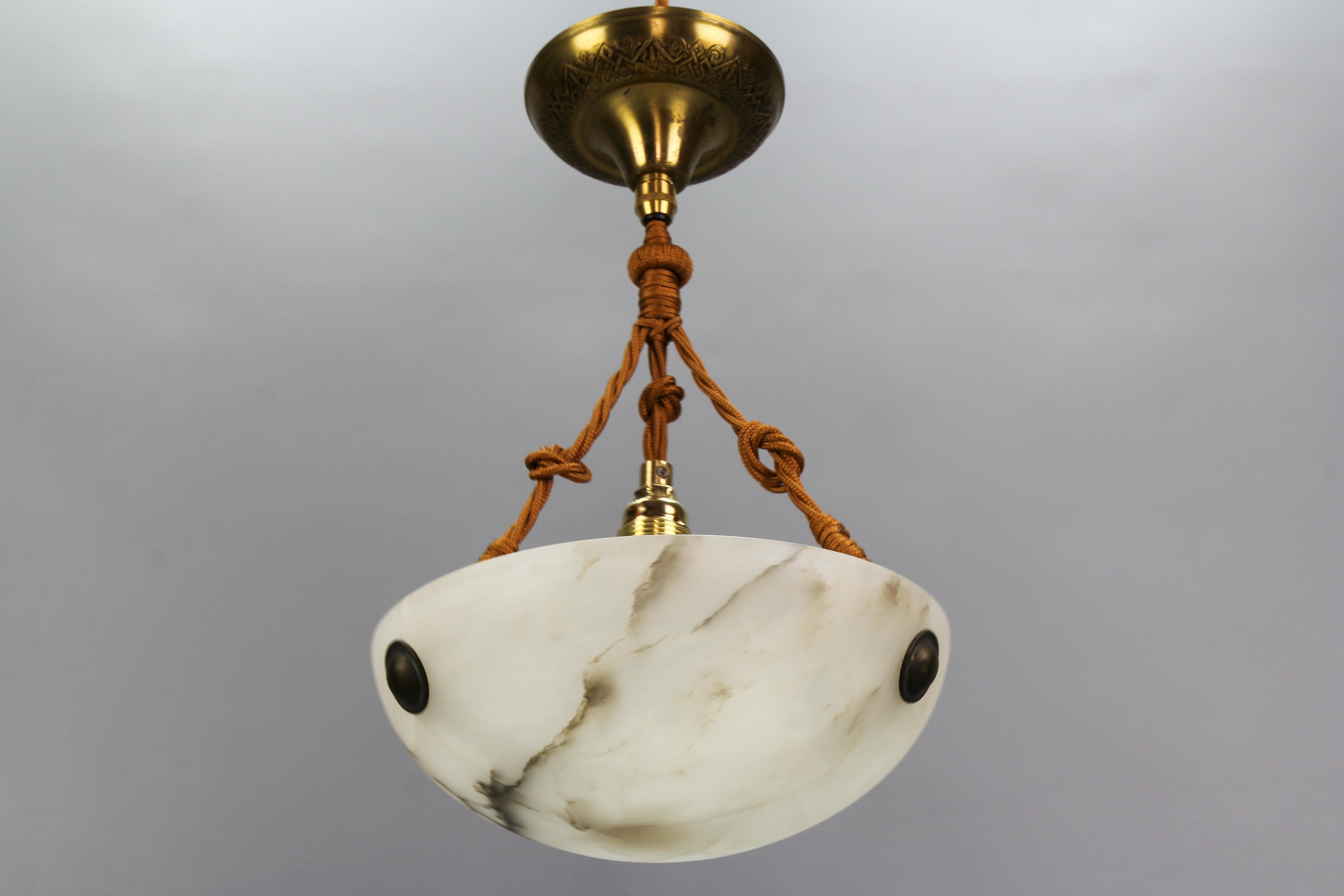 French Art Deco Small White and Black Alabaster Pendant Light Fixture, 1930s 6