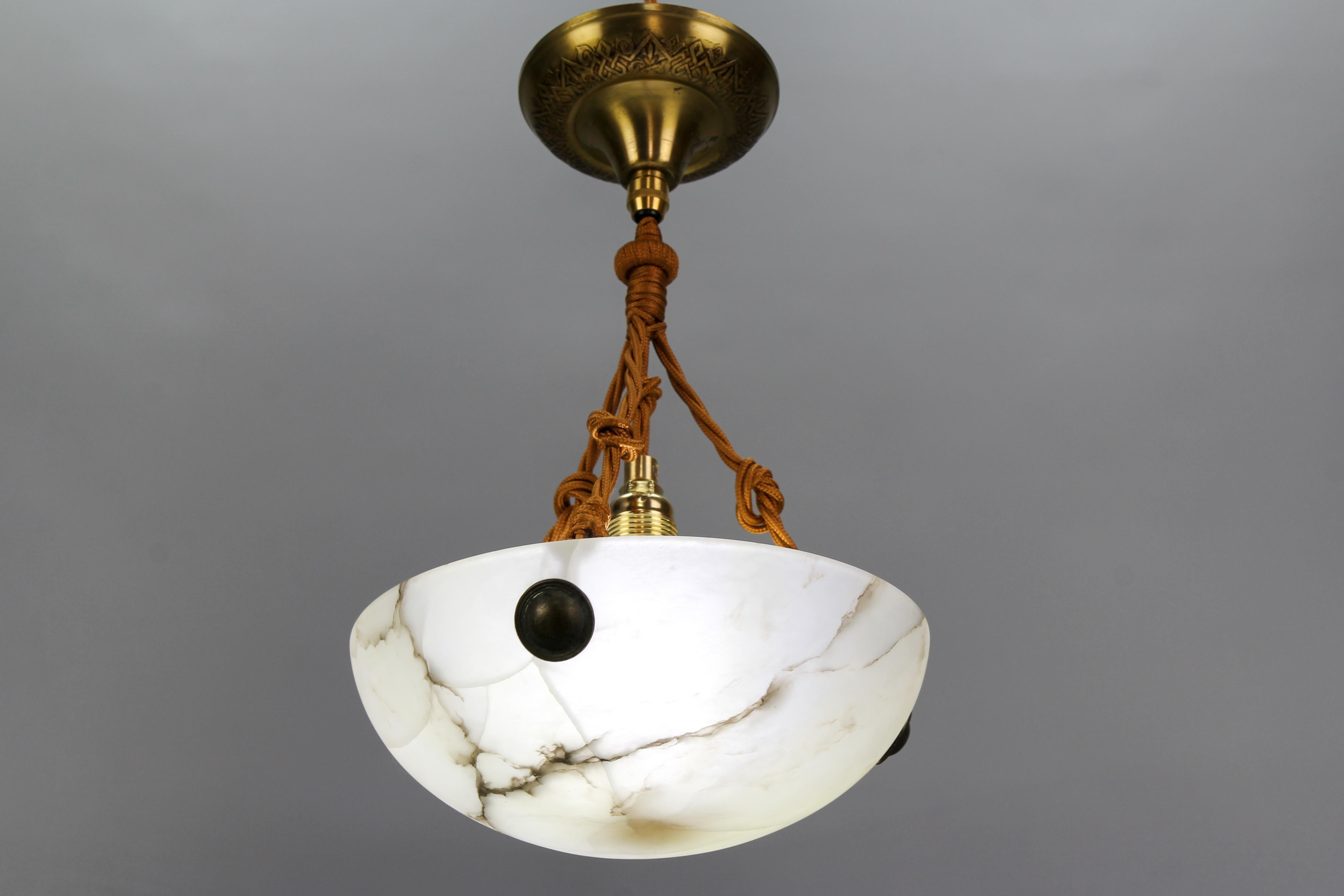 Metal French Art Deco Small White and Black Alabaster Pendant Light Fixture, 1930s