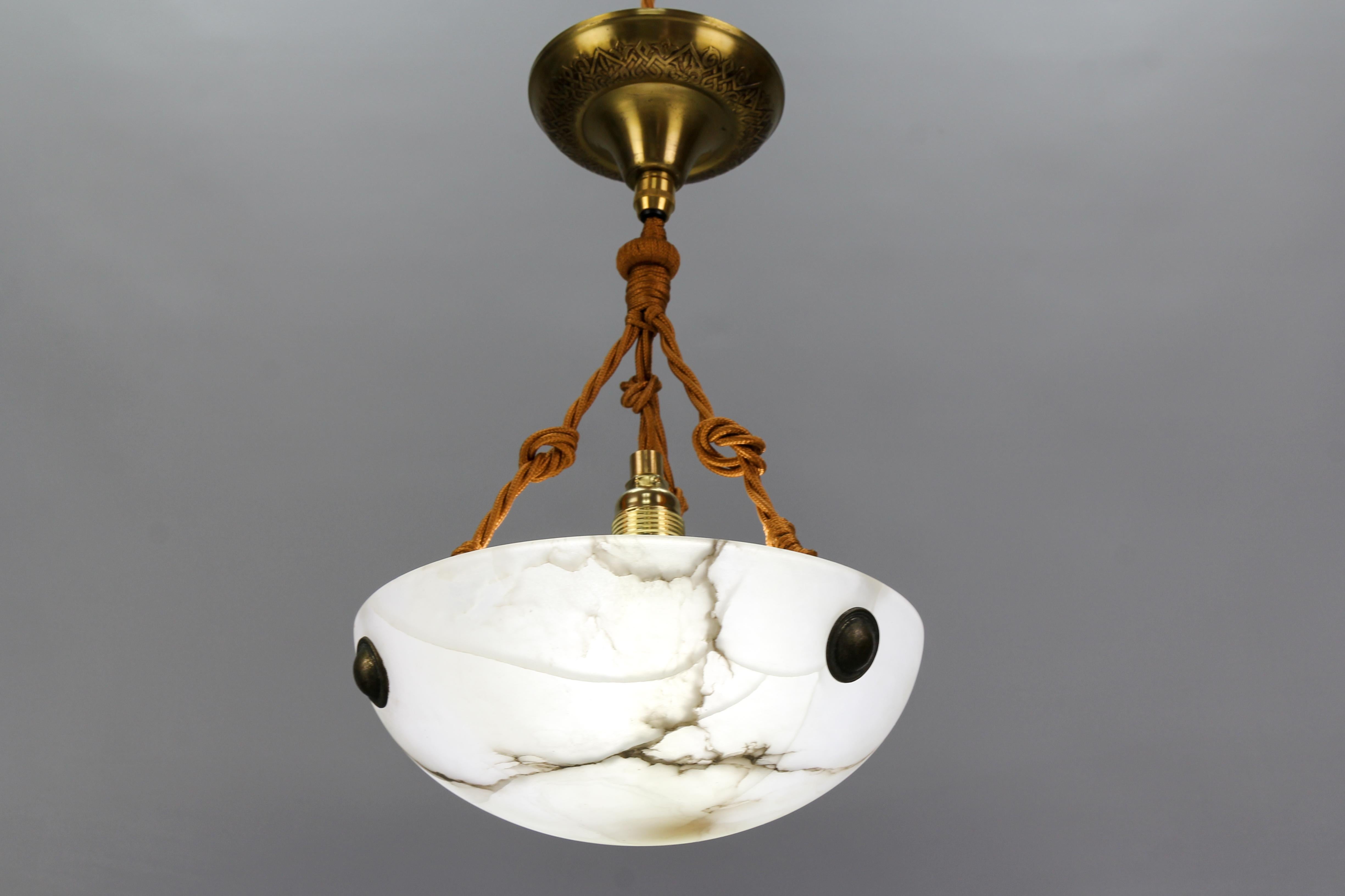 French Art Deco Small White and Black Alabaster Pendant Light Fixture, 1930s 2