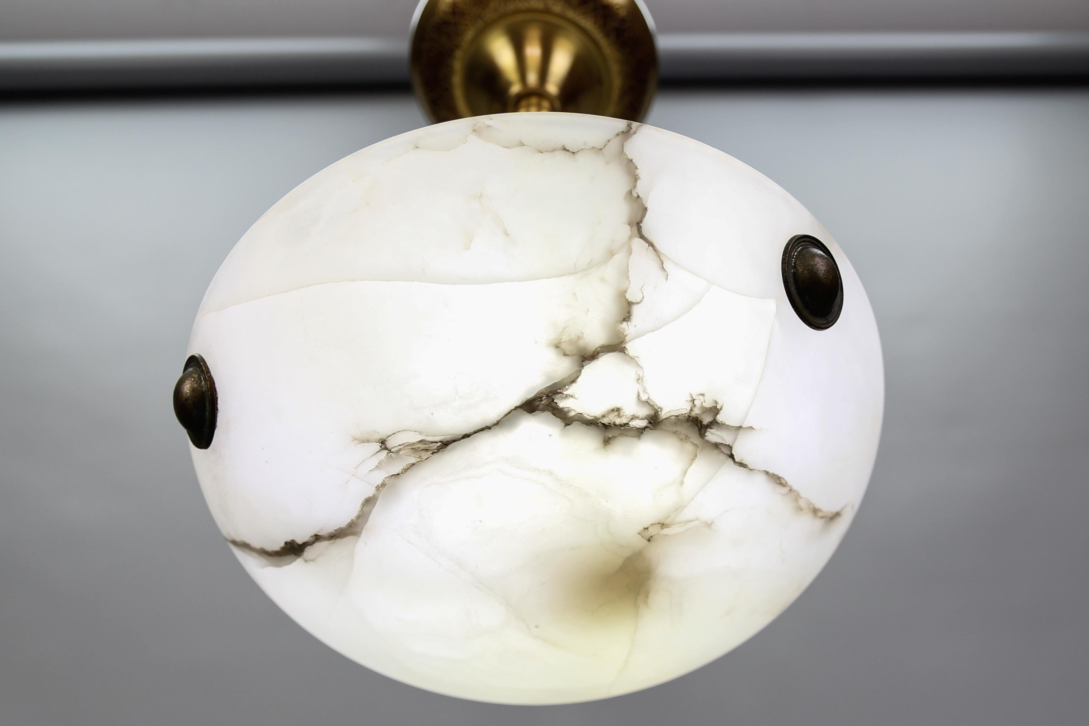 French Art Deco Small White and Black Alabaster Pendant Light Fixture, 1930s 3