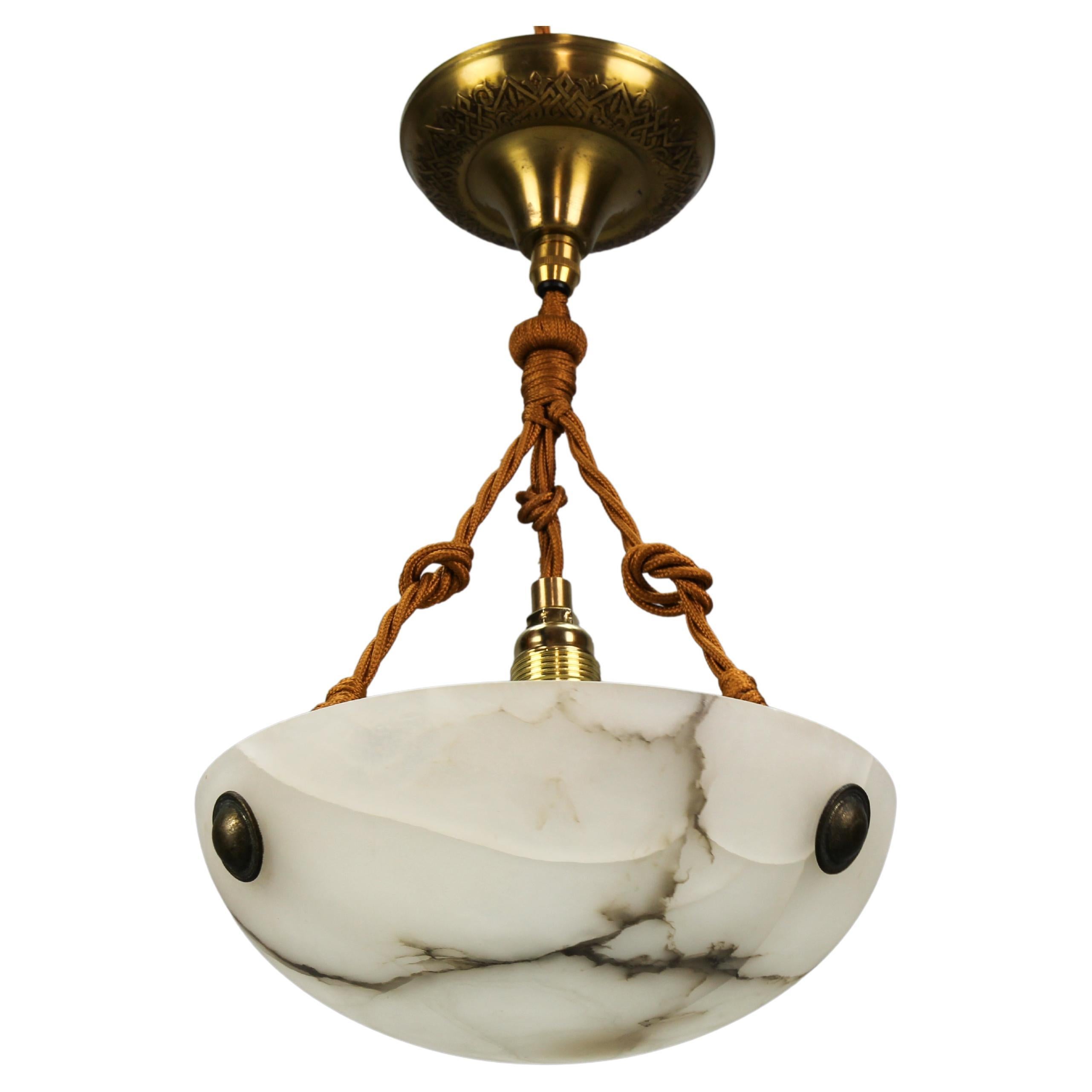 French Art Deco Small White and Black Alabaster Pendant Light Fixture, 1930s