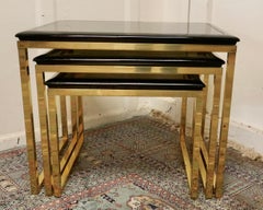 French Art Deco Smoked Glass & Brass Nest of Tables