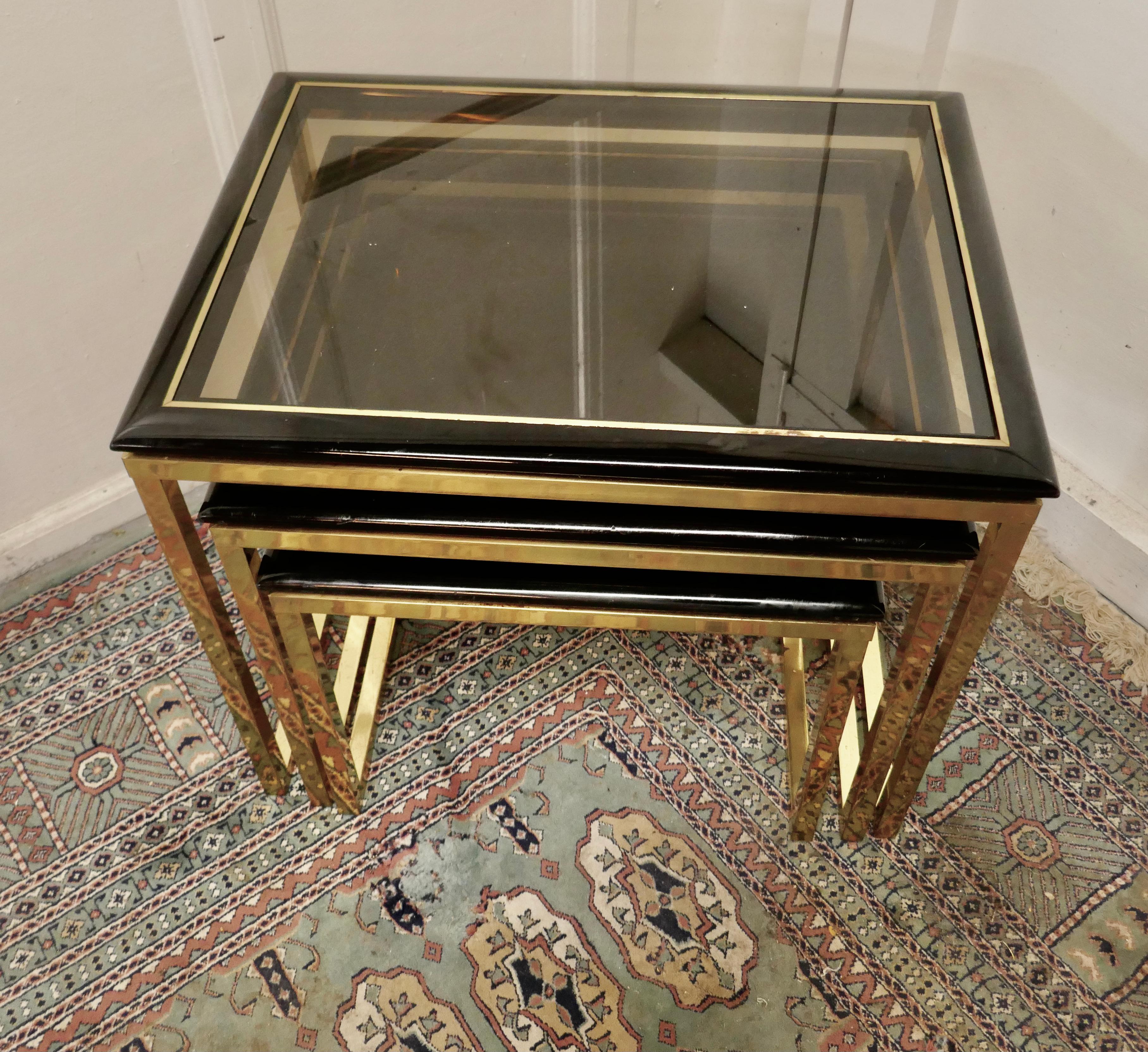 Mid-Century Modern French Art Deco Smoked Glass & Brass Nest of Tables