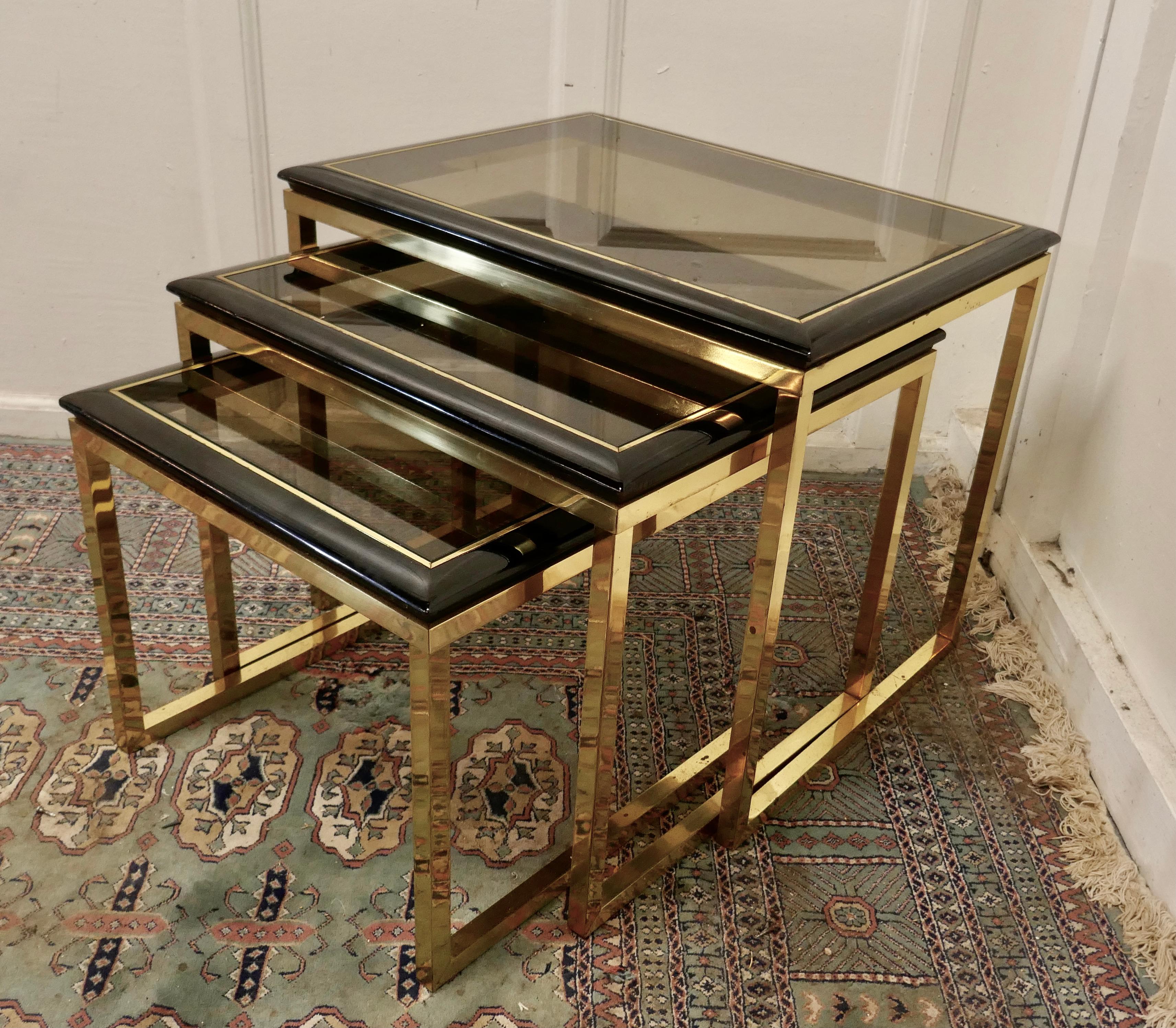 20th Century French Art Deco Smoked Glass & Brass Nest of Tables