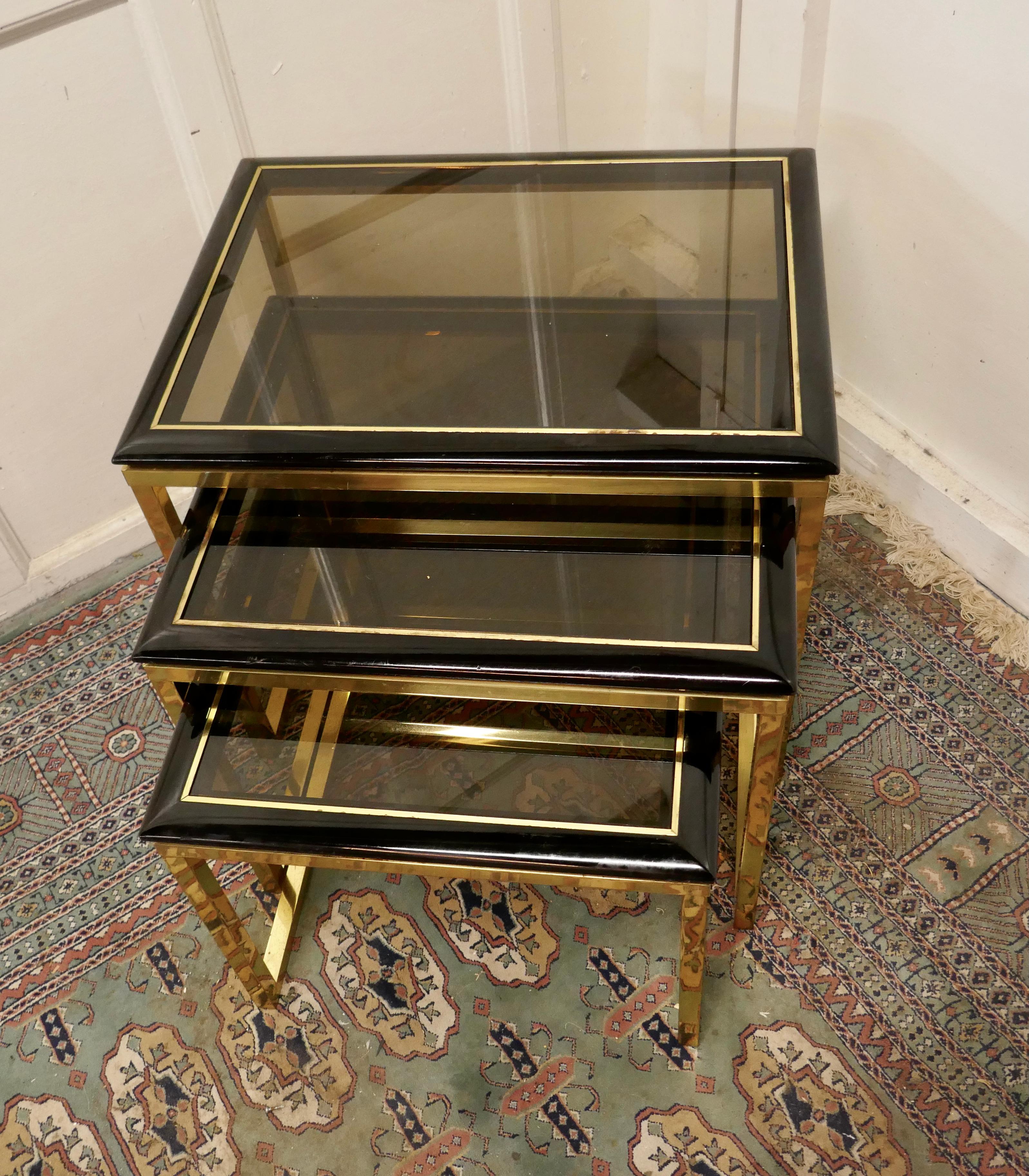 French Art Deco Smoked Glass & Brass Nest of Tables 1