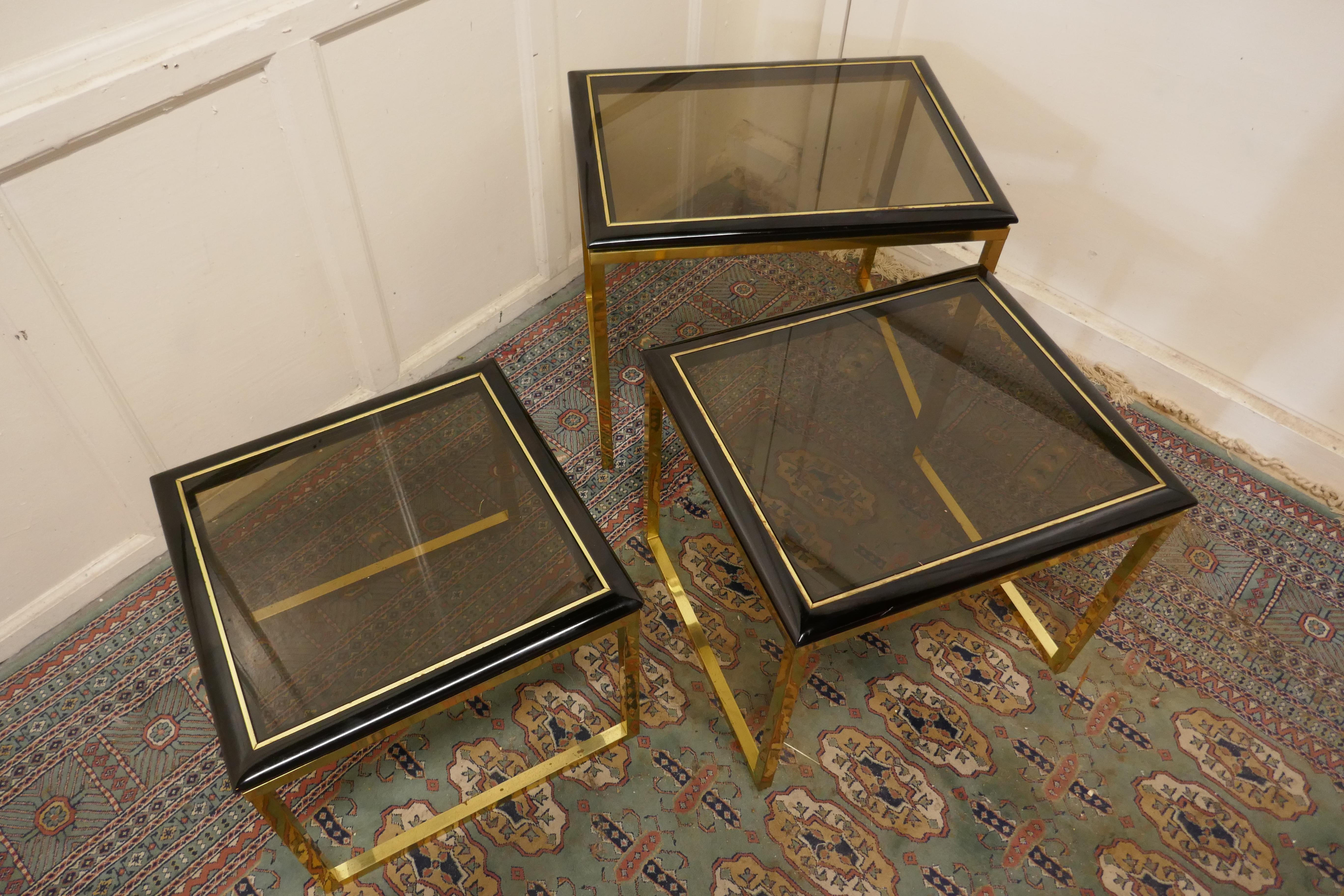 French Art Deco Smoked Glass & Brass Nest of Tables 2