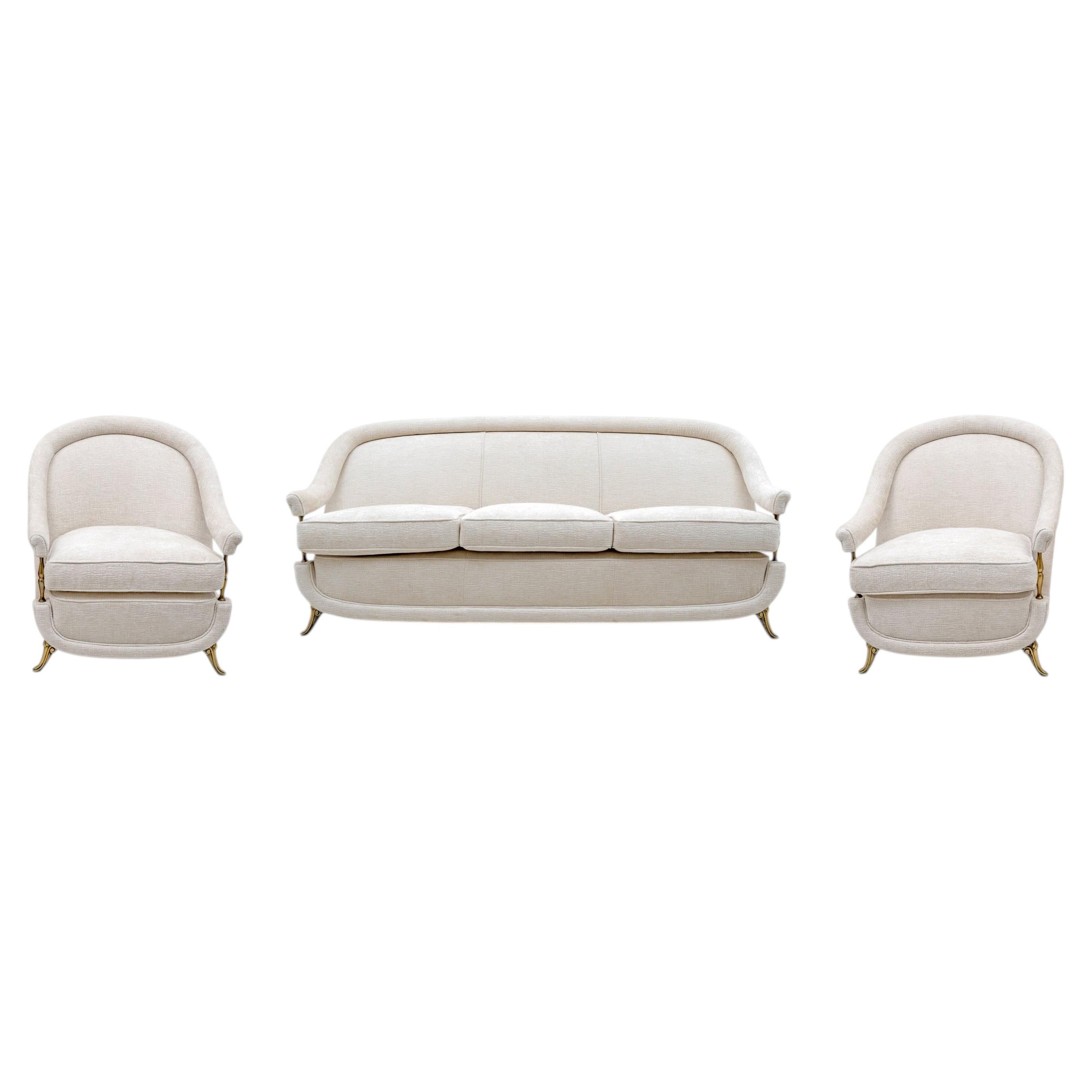 French Art Deco Style Sofa and Two Armchairs, 1950s in vendita