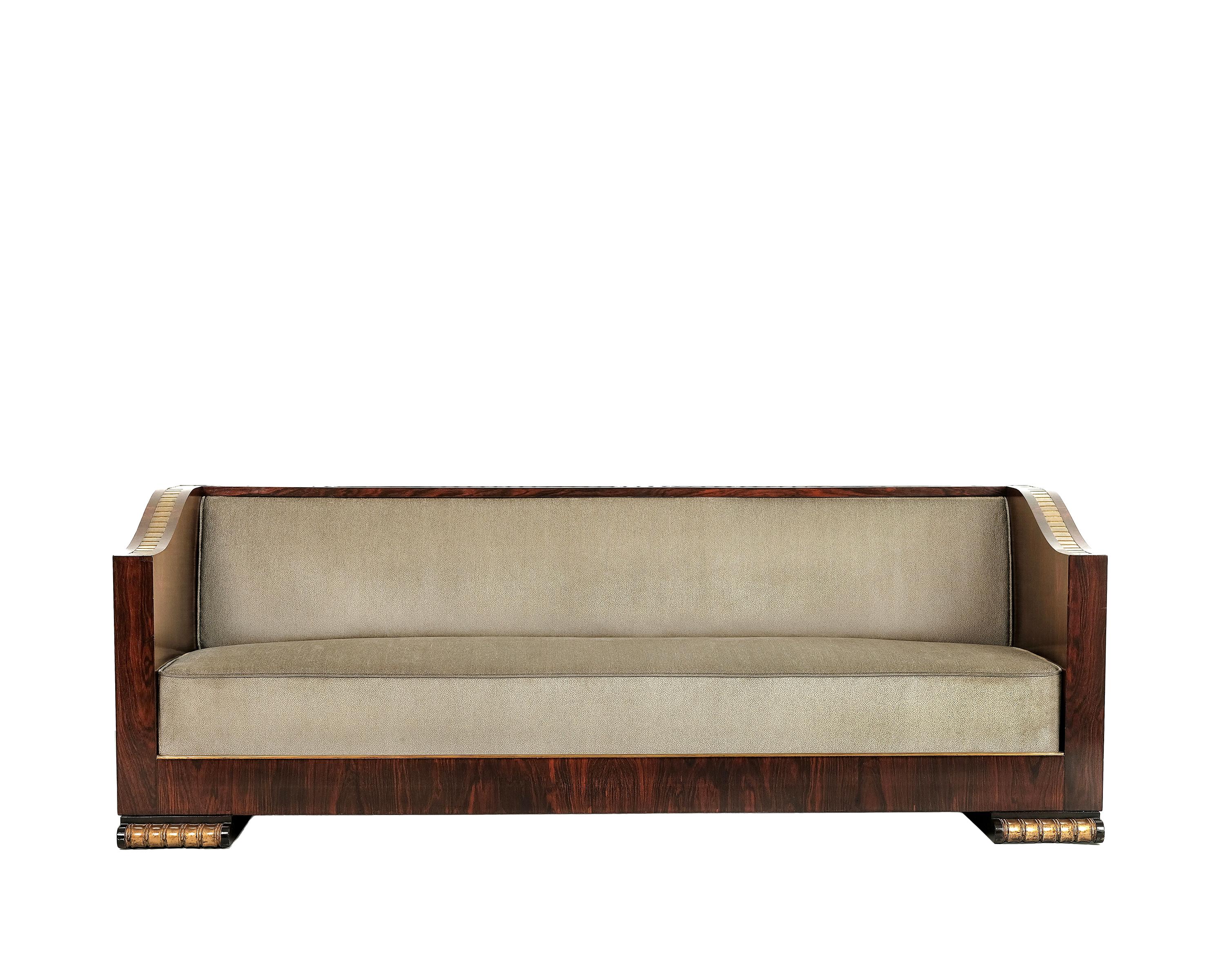 Frühes 20. Jahrhundert Französisch geschnitzt und vergoldet Art Deco Sofa von Christian Krass in Palisander Furnier. ca 1930er Jahre Frankreich. 
