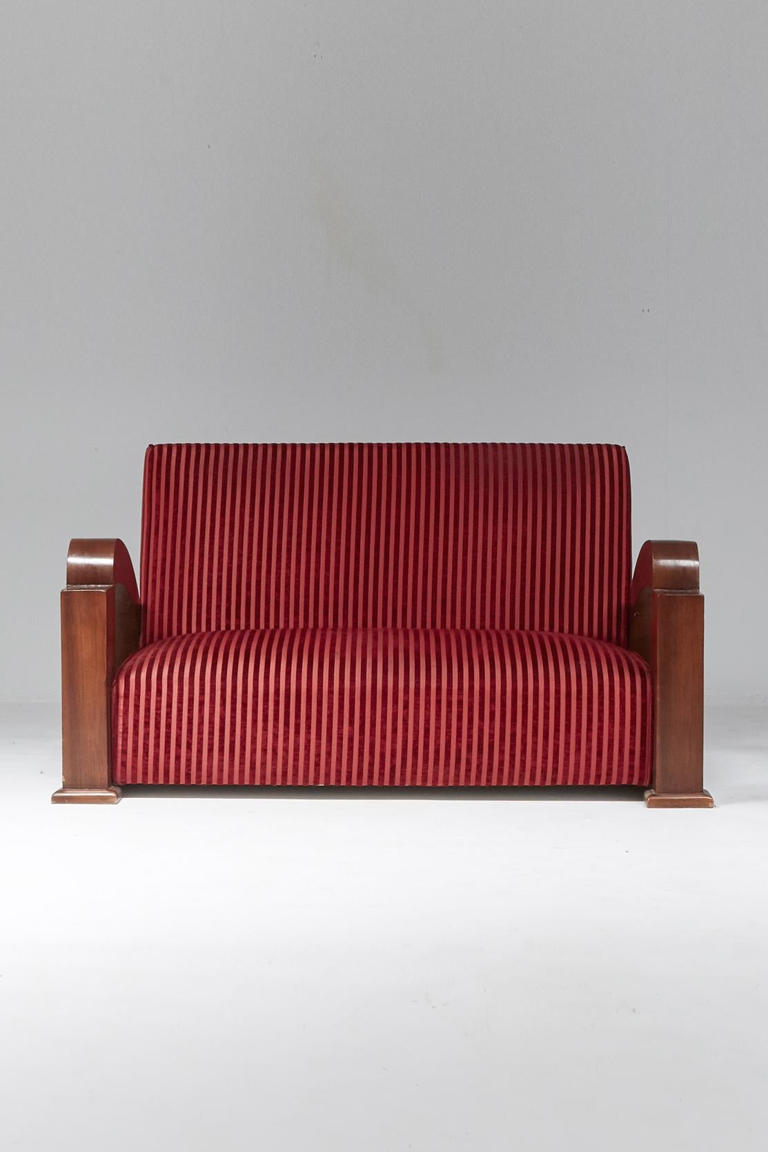 French Art Deco Sofa in Red Striped Velvet and with Swoosh Armrests 3
