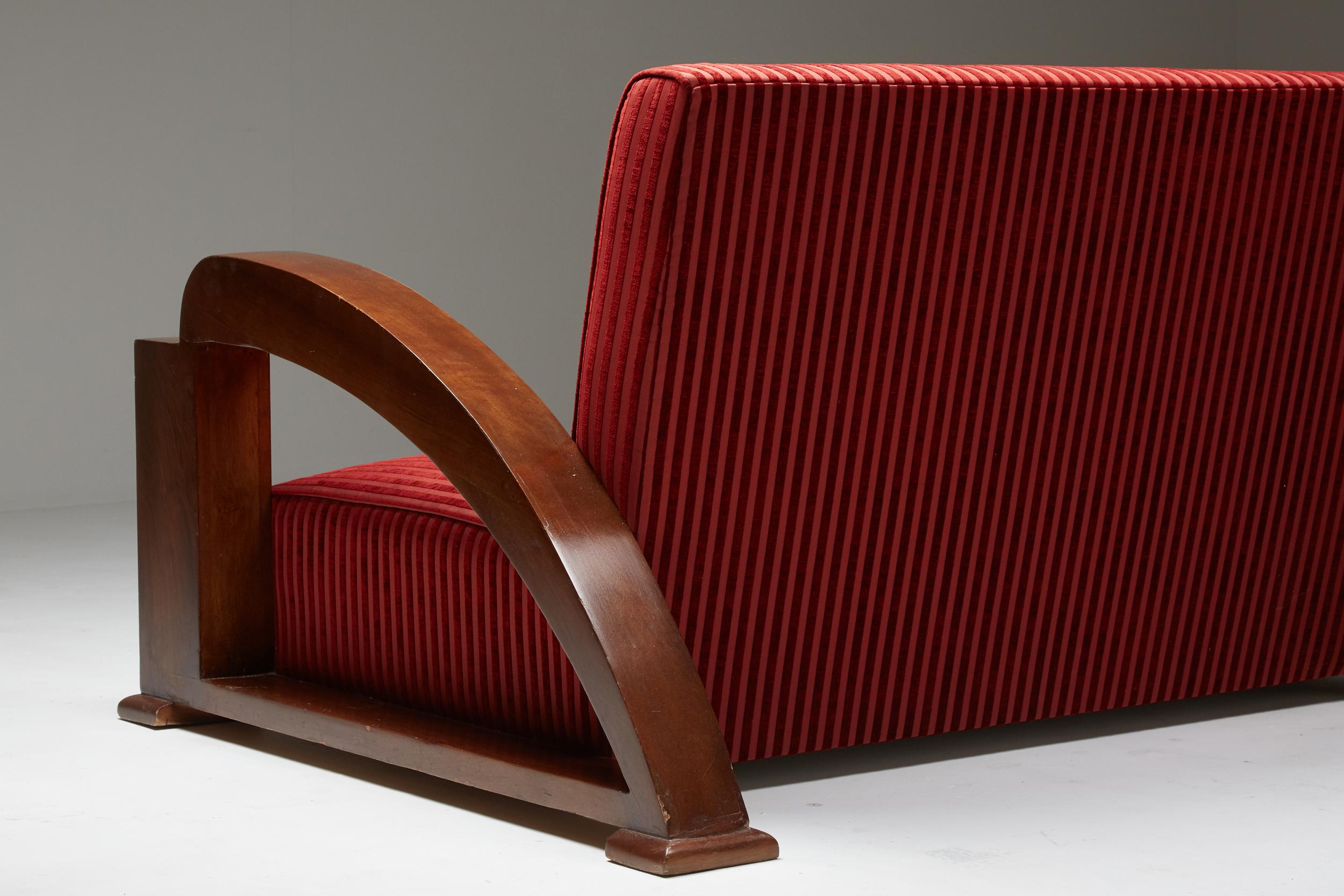 Fruitwood French Art Deco Sofa in Red Striped Velvet and with Swoosh Armrests