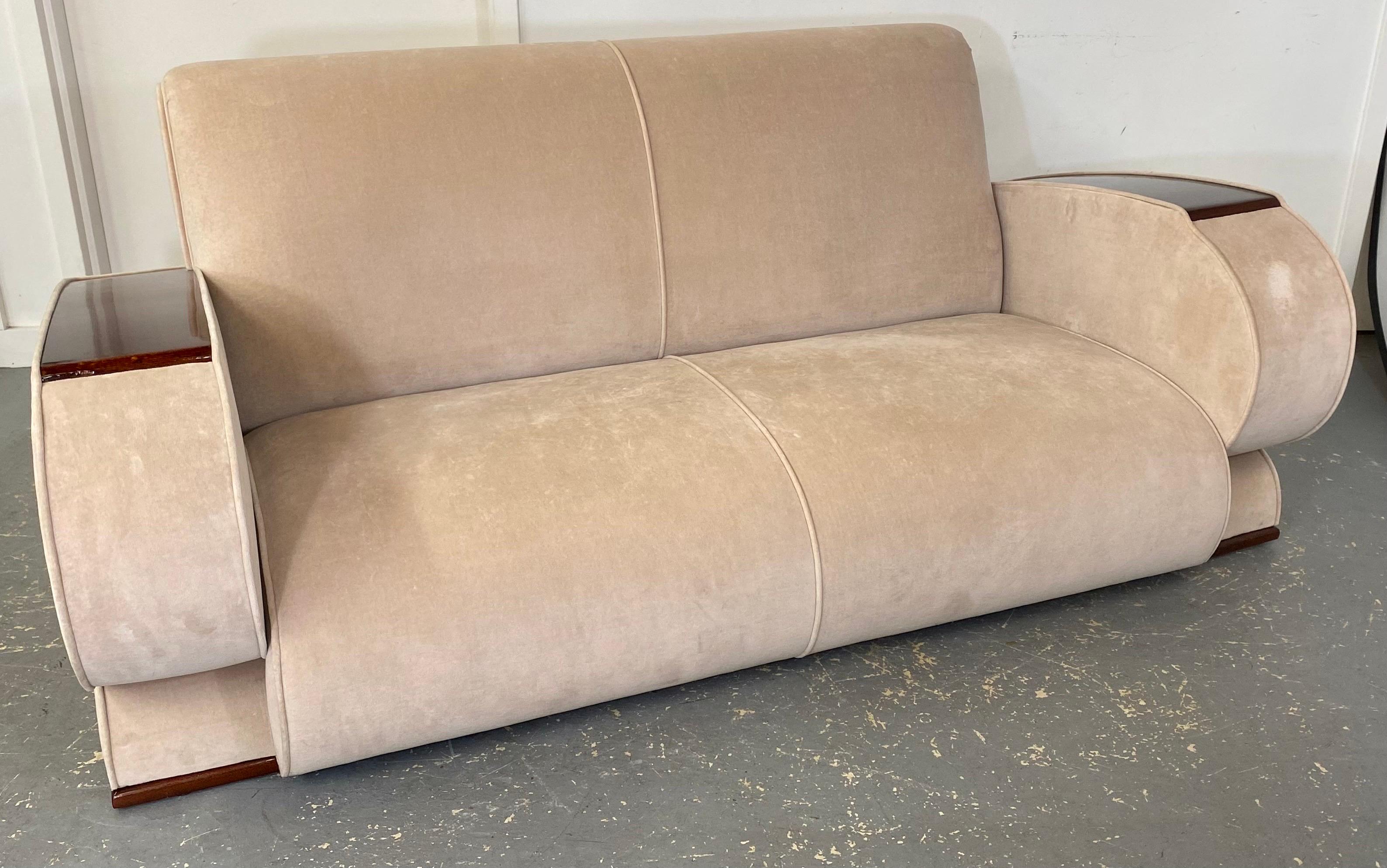 French Art Deco Sofa or Settee with Beige Suede Upholstery & Rosewood Armrests  For Sale 6