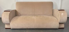 French Art Deco Sofa or Settee with Beige Velvet Upholstery & Rosewood Armrests